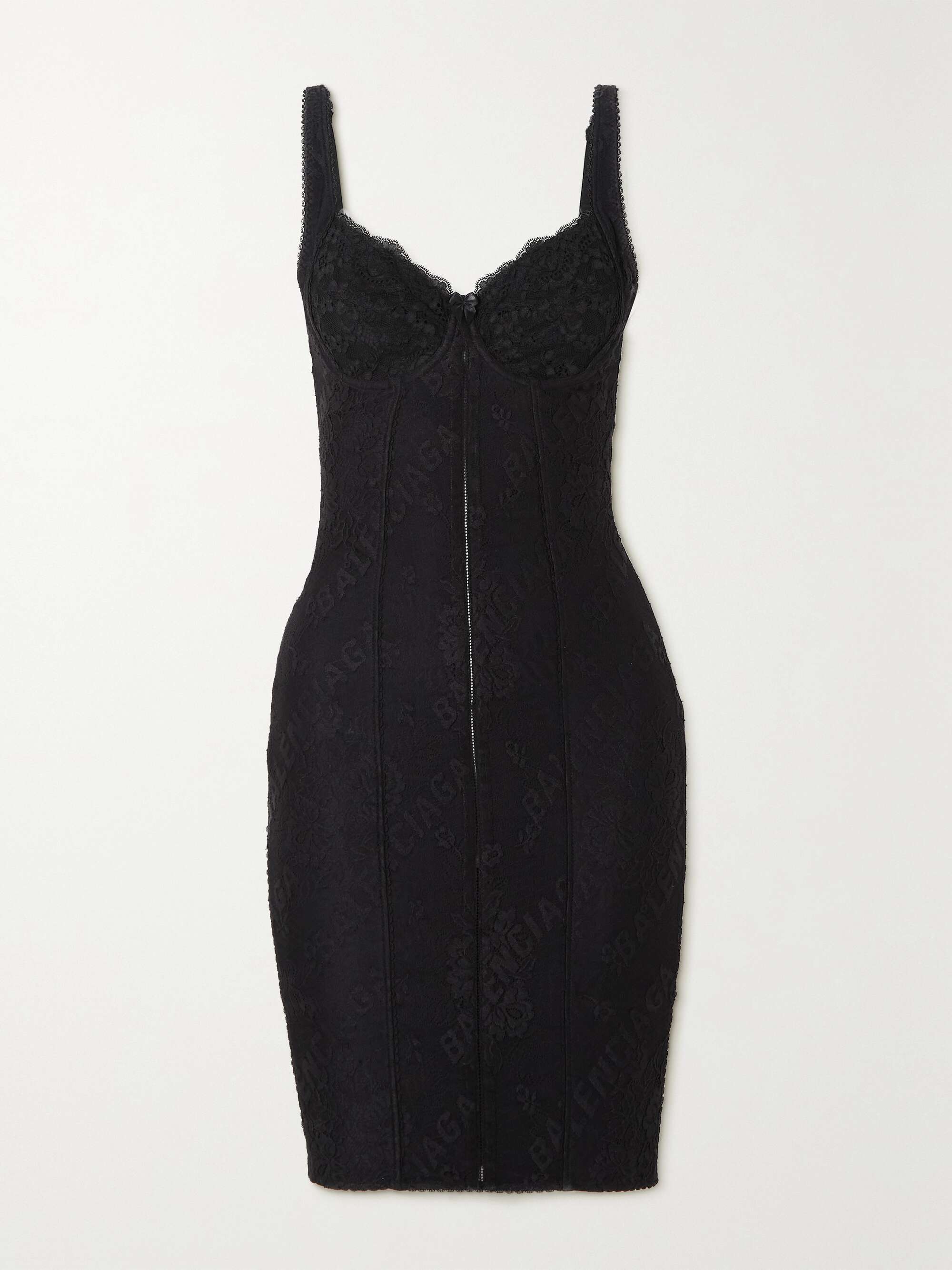 Paneled stretch-lace mini dress view