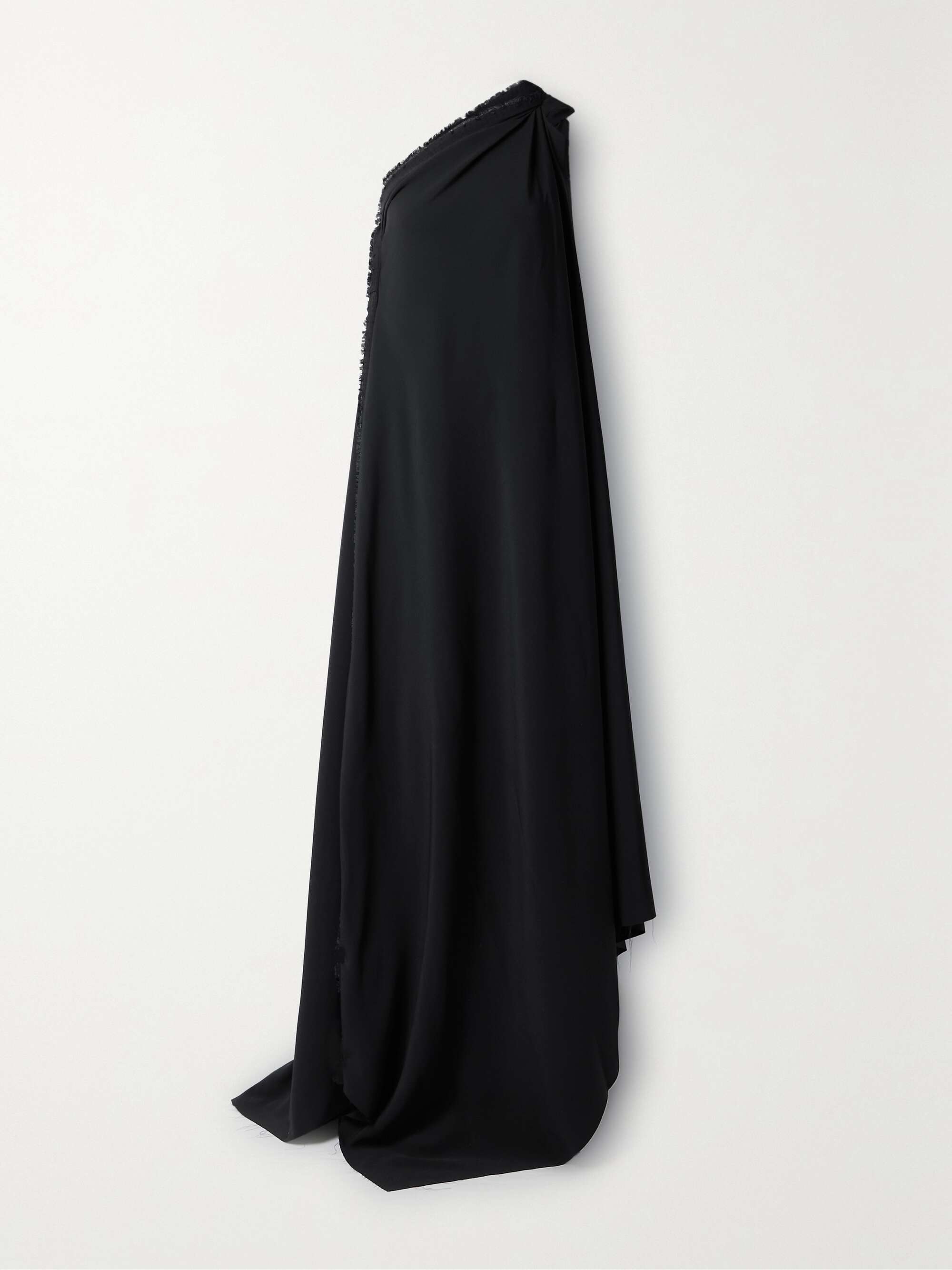 Asymmetric one-shoulder frayed draped crepe gown view