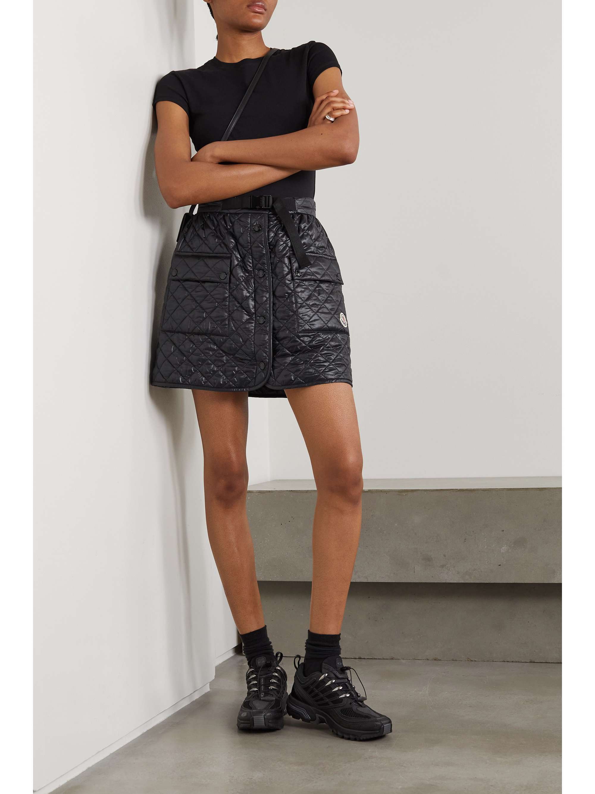 Quilted padded webbing-trimmed shell mini skirt view