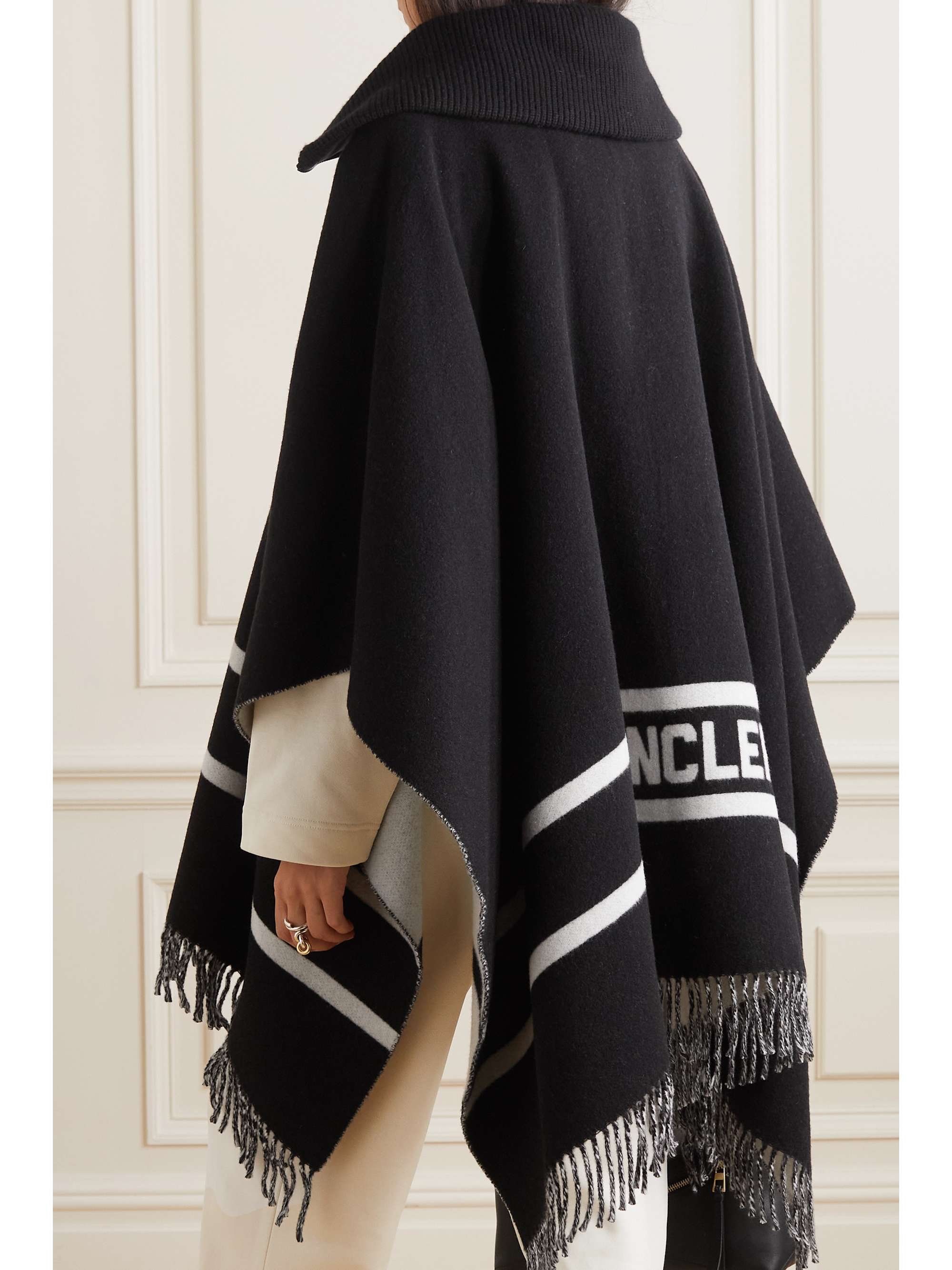 Fringed striped wool-blend jacquard poncho view