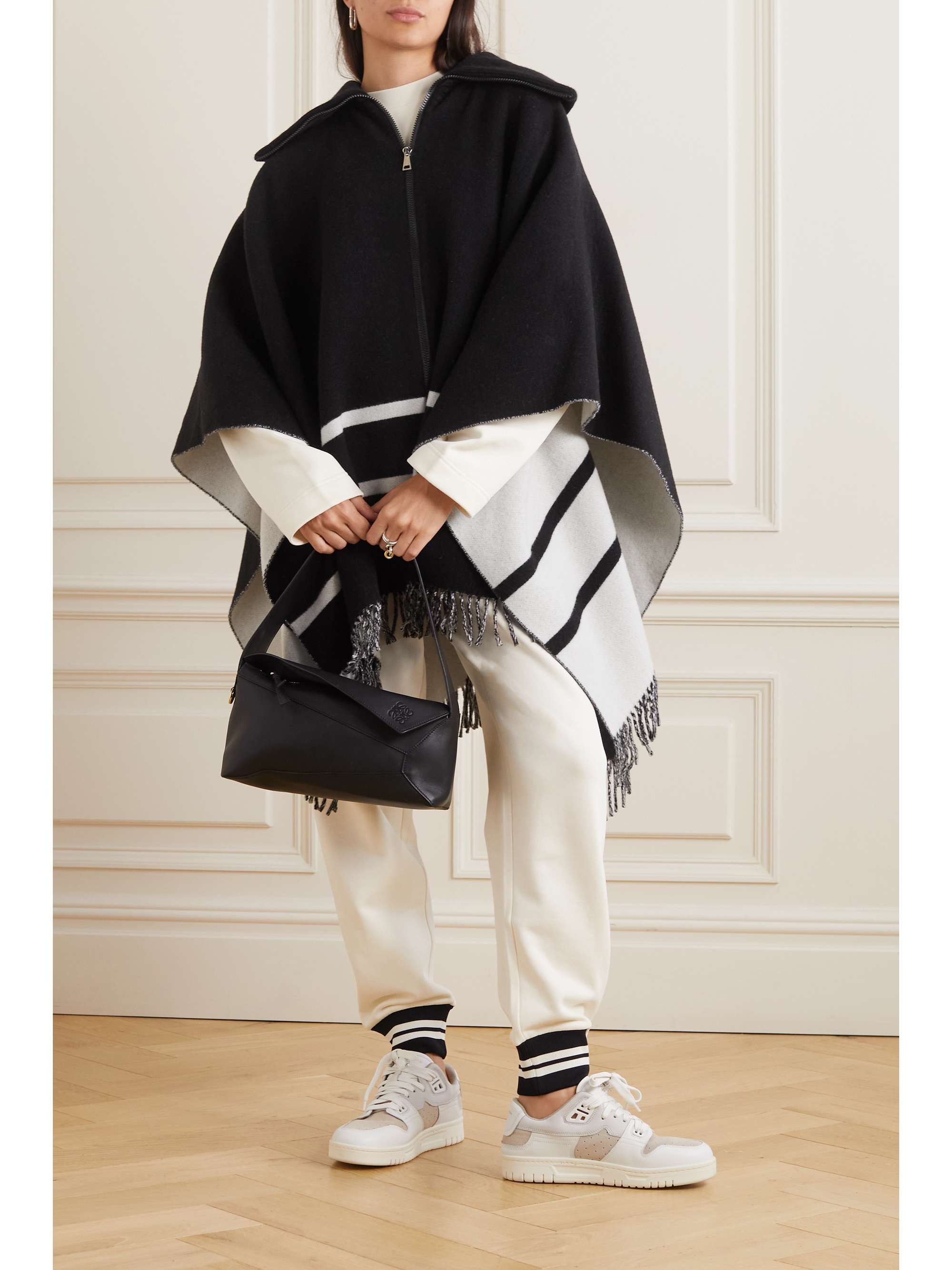 Fringed striped wool-blend jacquard poncho view