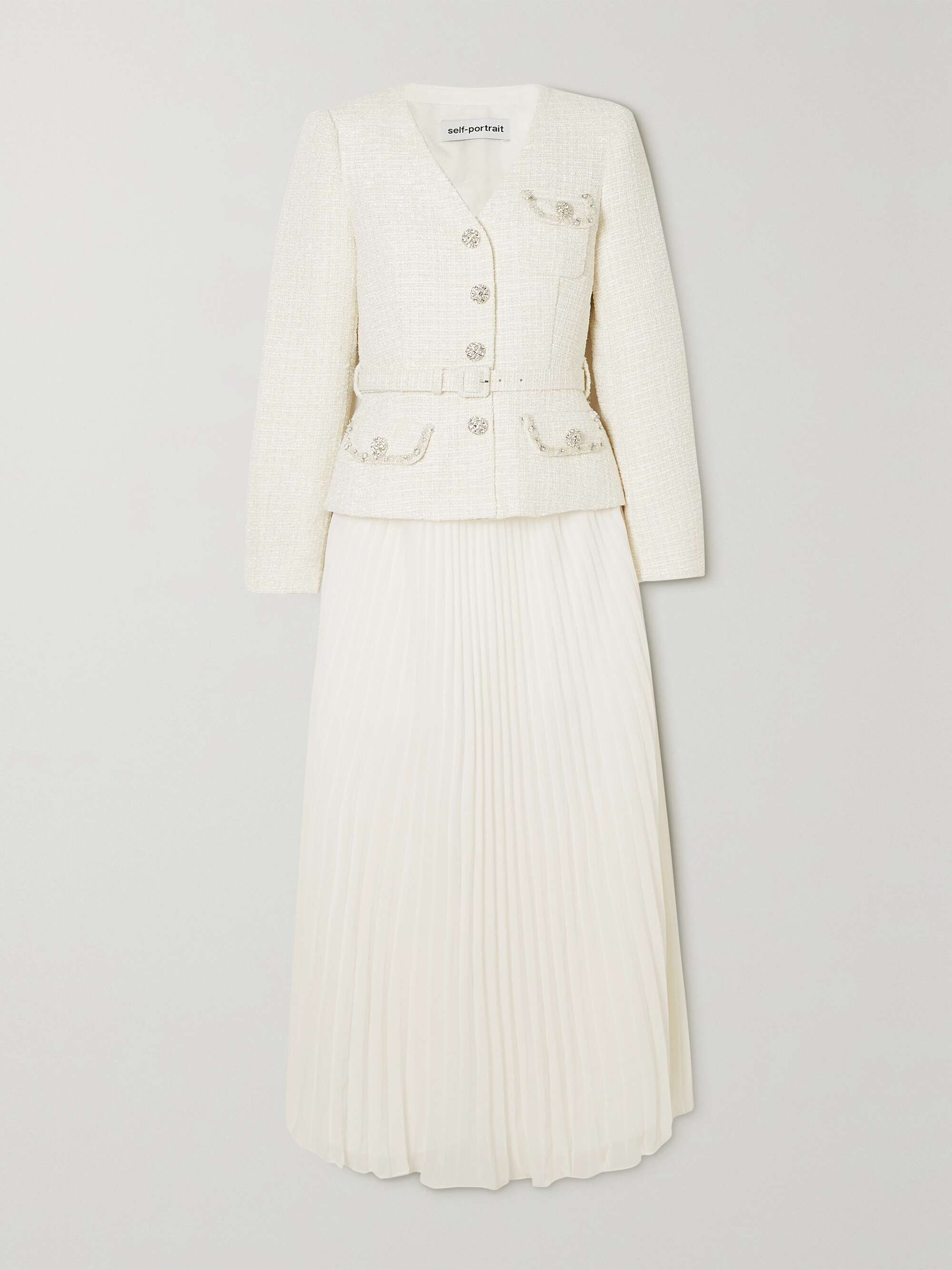 Pleated georgette and sequin-embellished metallic bouclé midi dress view