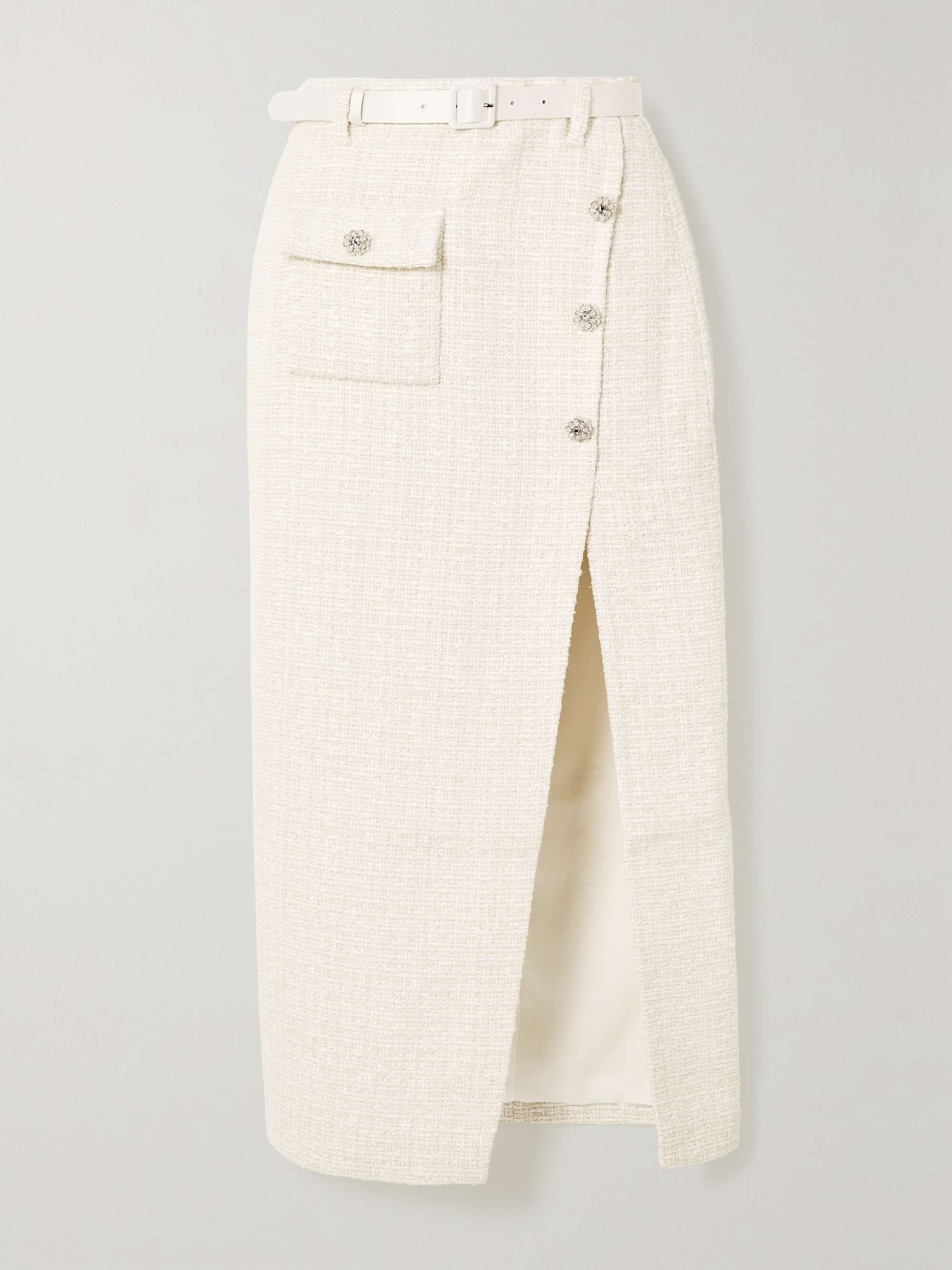 Belted satin-trimmed metallic bouclé-tweed midi skirt view
