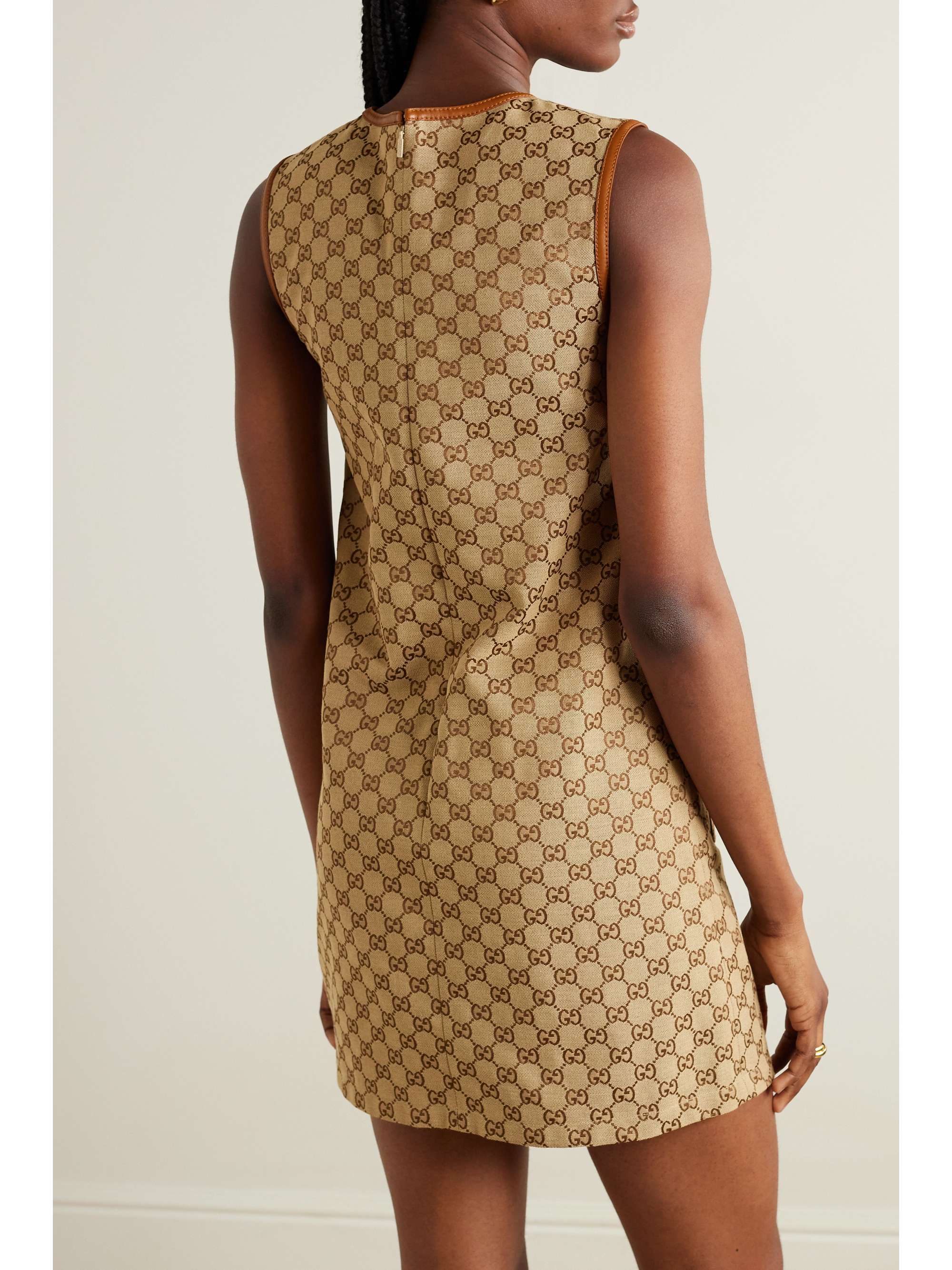 Leather-trimmed cotton-blend canvas-jacquard mini dress view