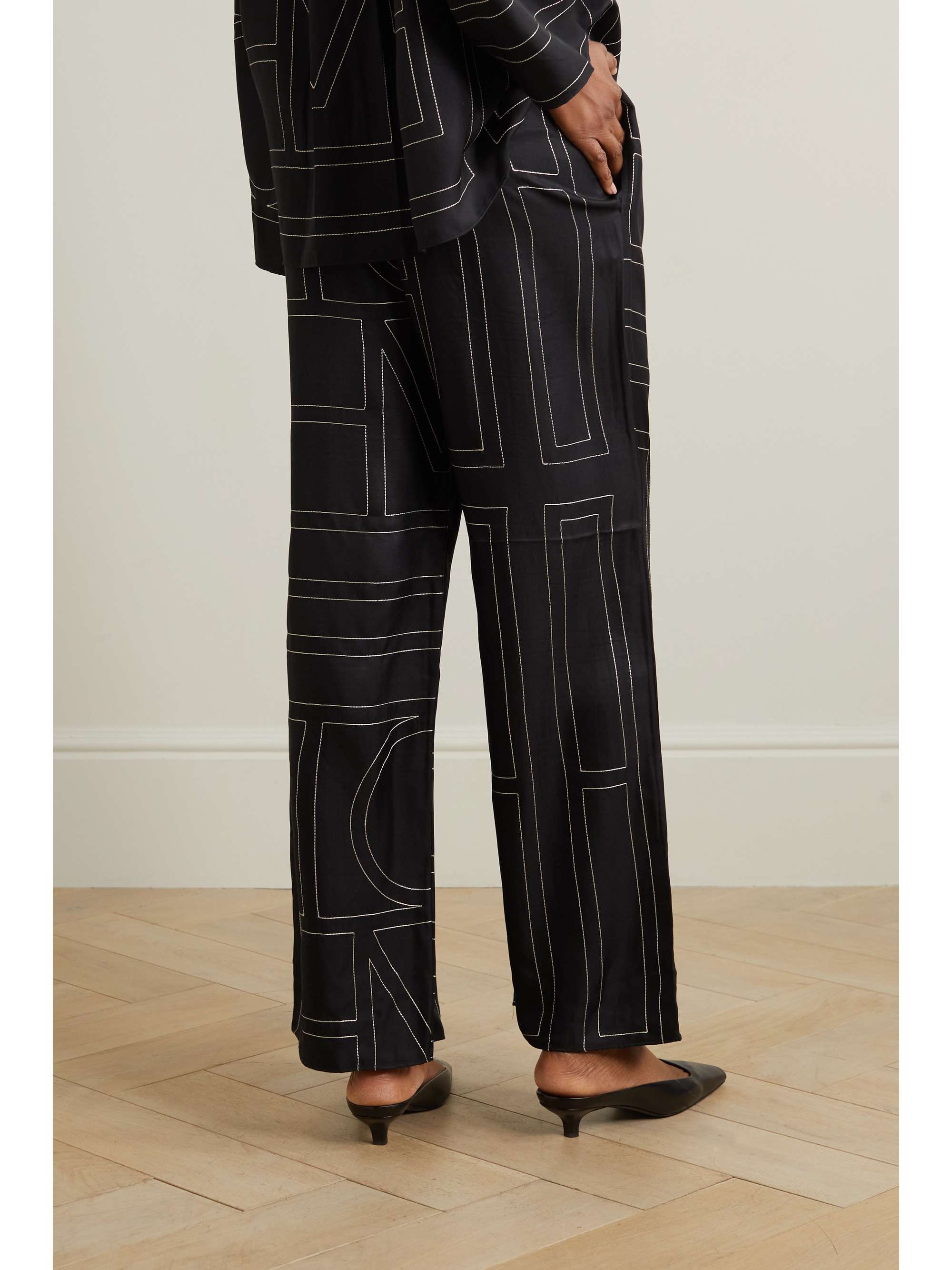 Embroidered silk-twill wide-leg pants view