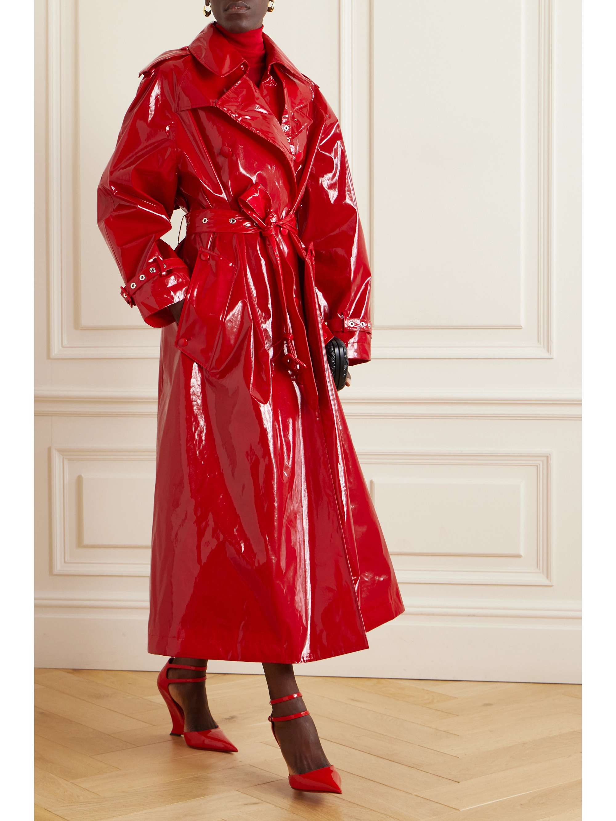 Double-breasted patent faux leather coat view