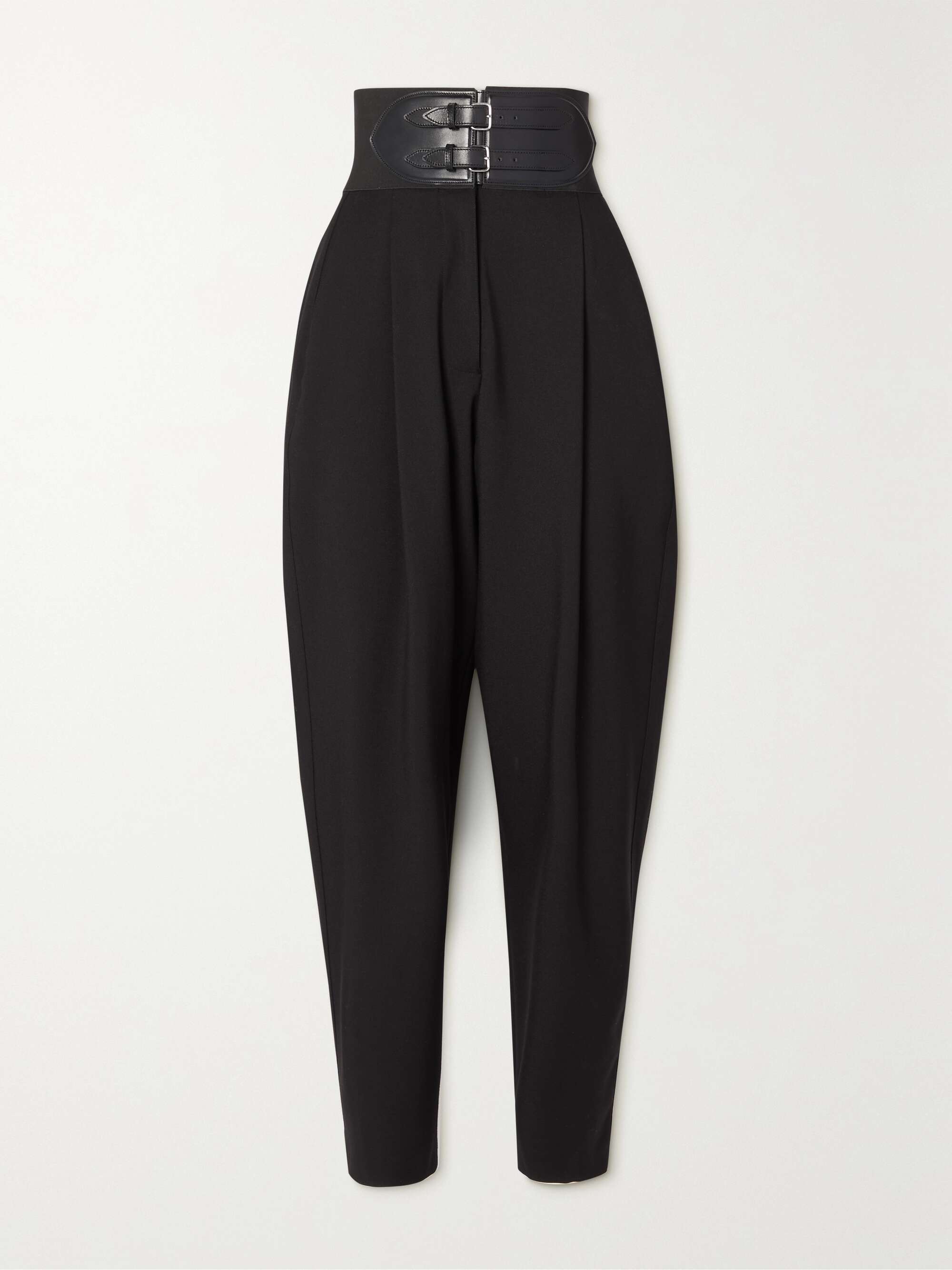 Belted pleated leather-trimmed wool-blend tapered pants view