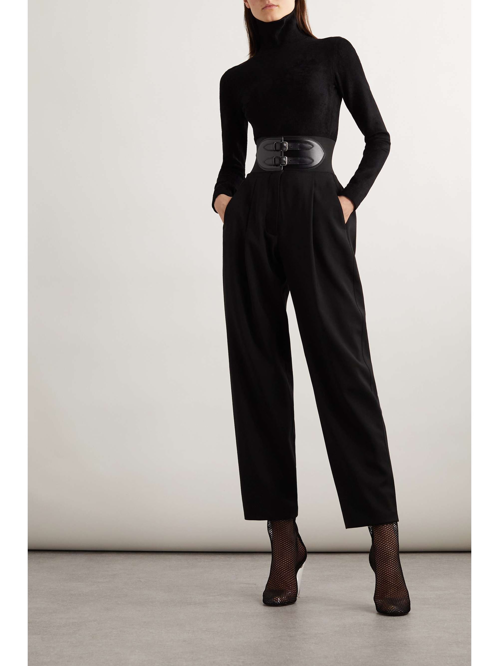 Belted pleated leather-trimmed wool-blend tapered pants view