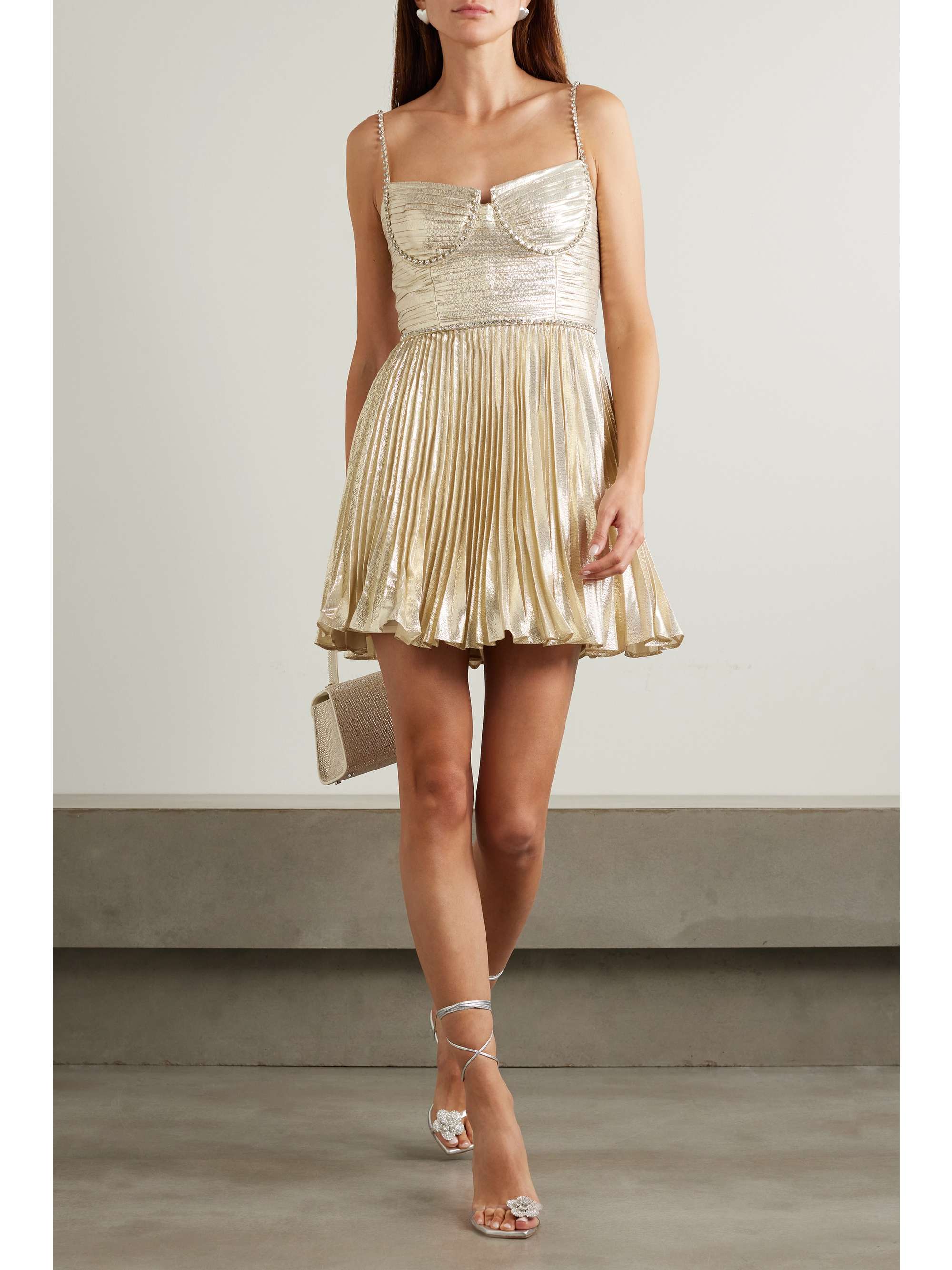 Crystal-embellished plissé-lamé mini dress view