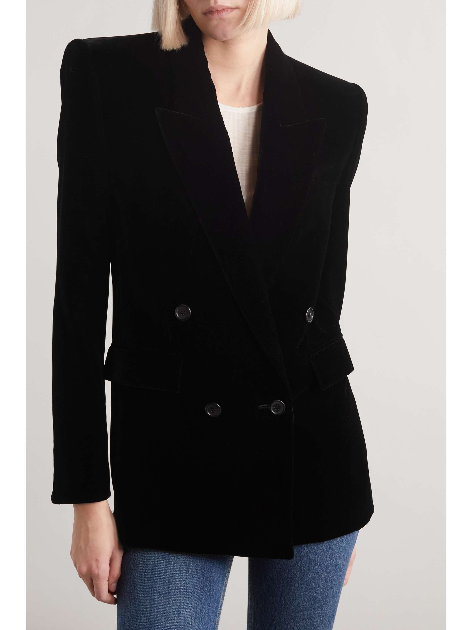 Double-breasted velvet blazer view