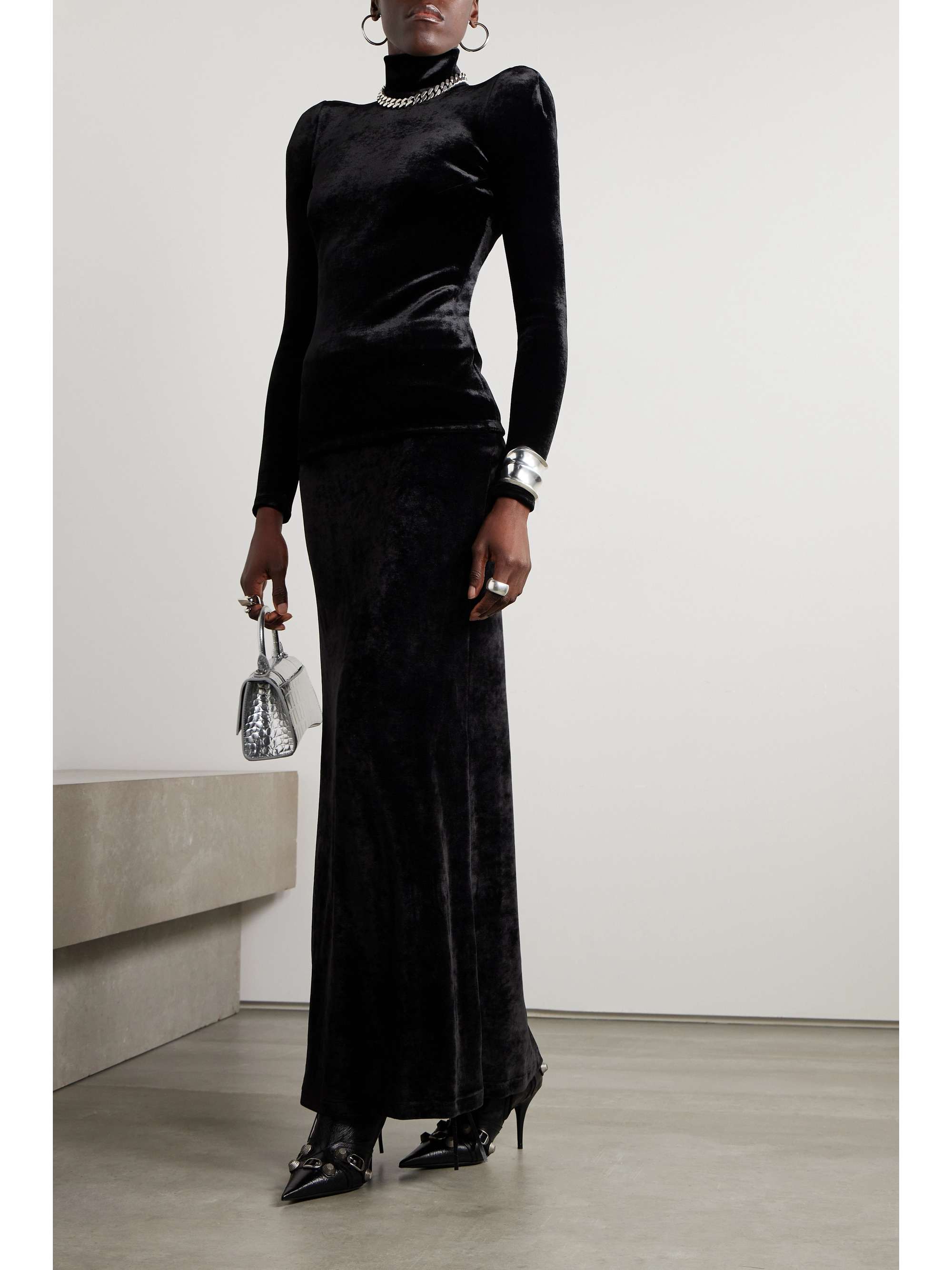 Stretch-velvet turtleneck top view