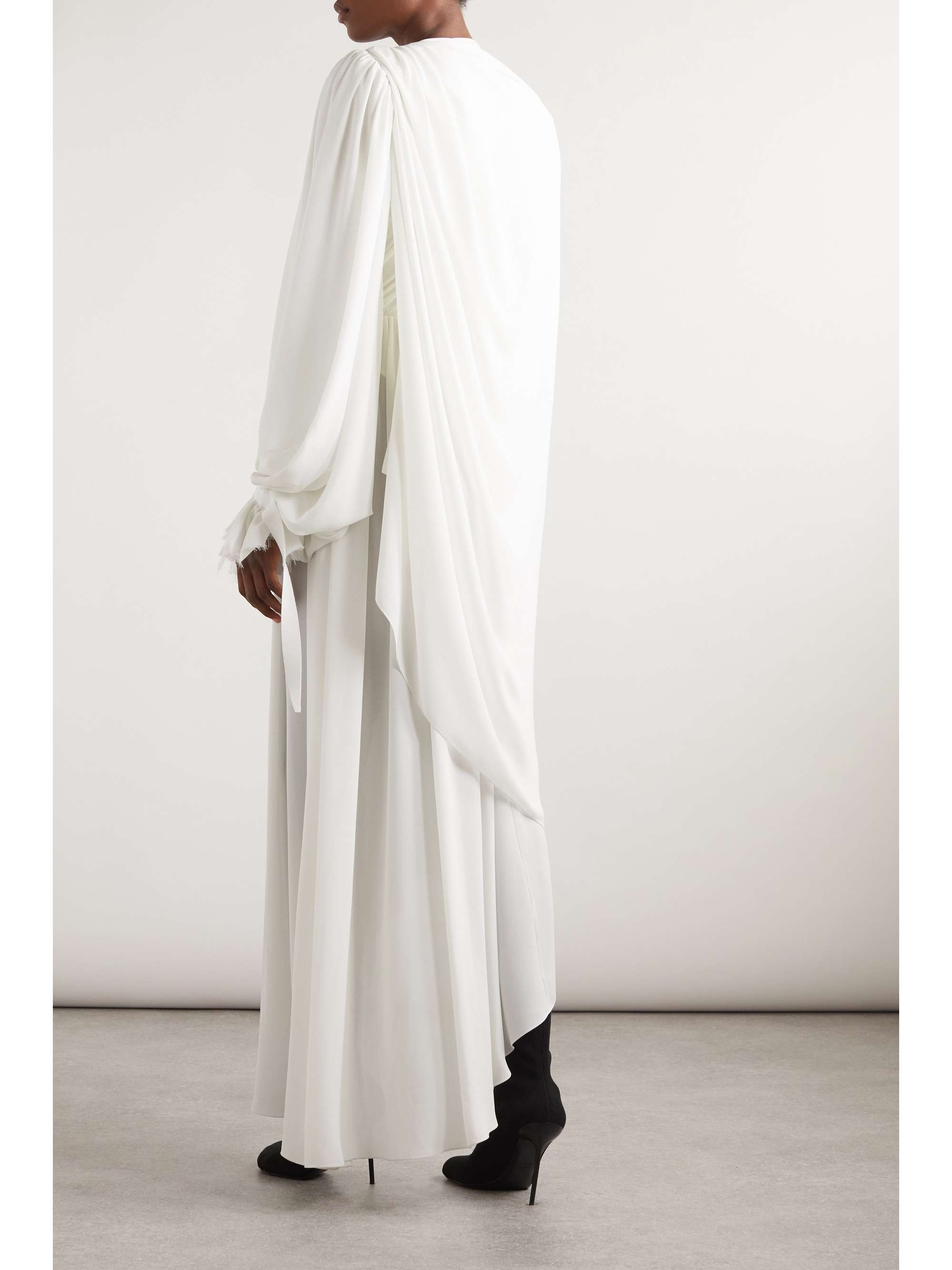 Asymmetric draped cape-effect pleated crepe dress view
