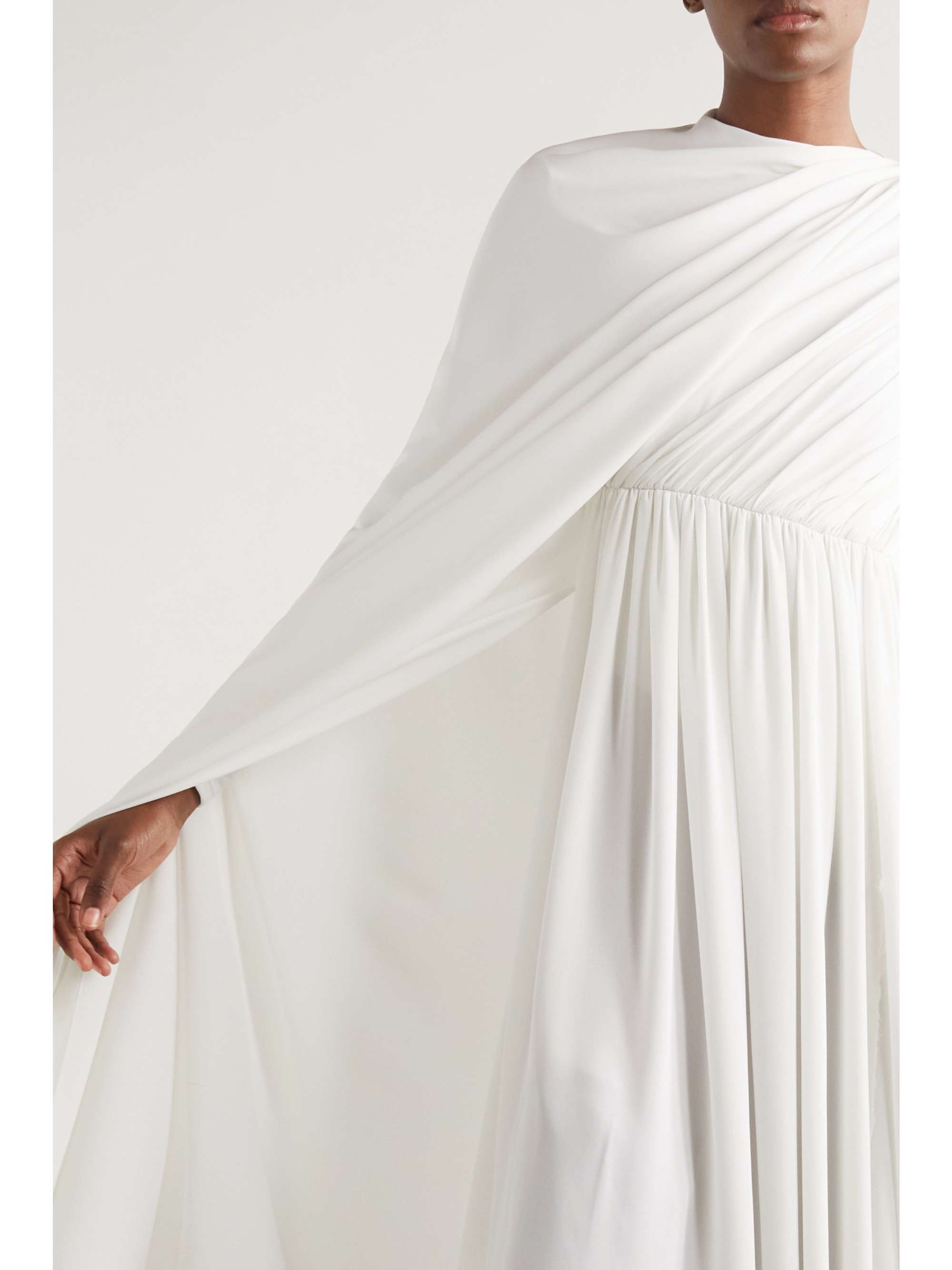 Asymmetric draped cape-effect pleated crepe dress view