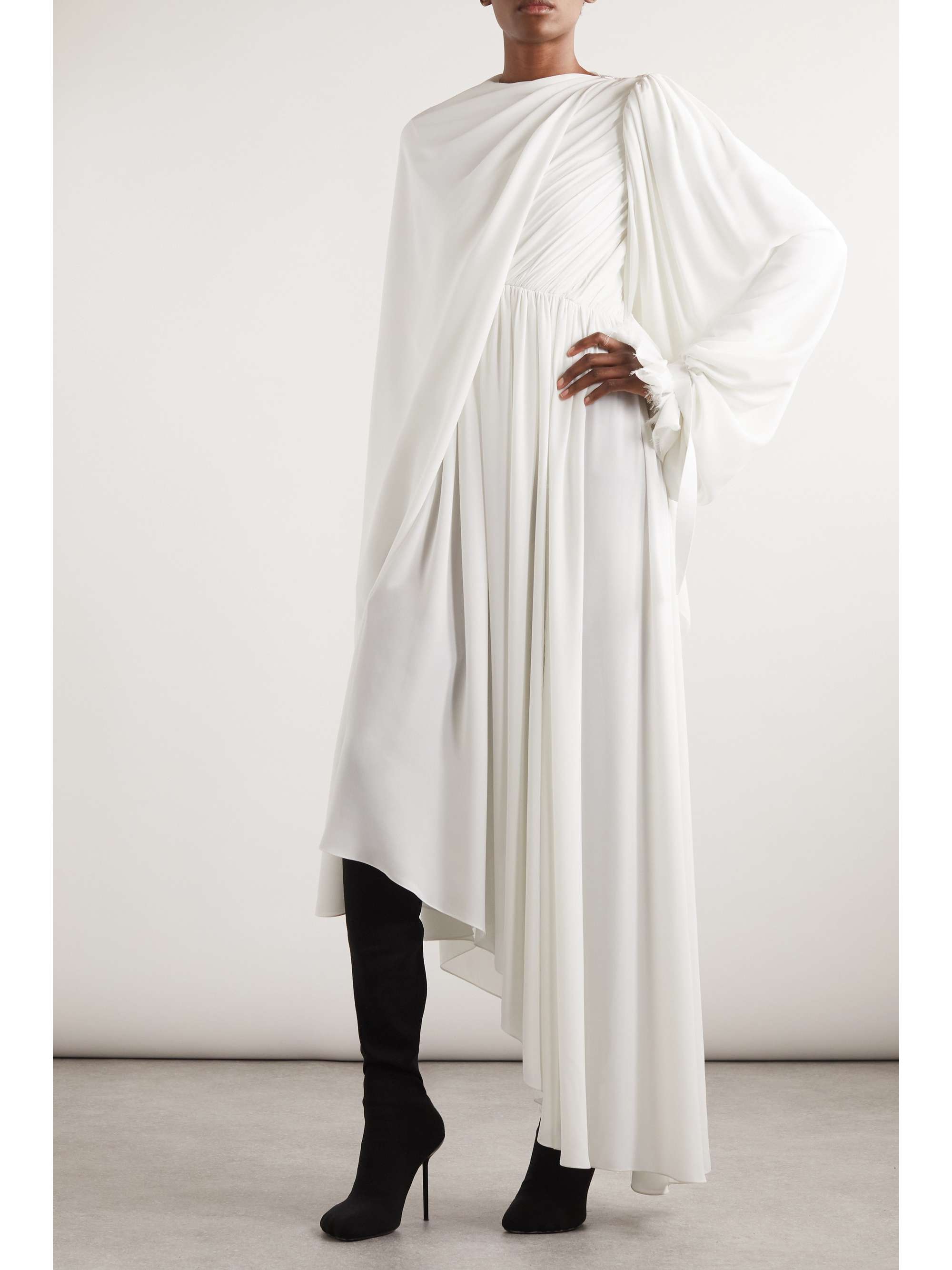 Asymmetric draped cape-effect pleated crepe dress view