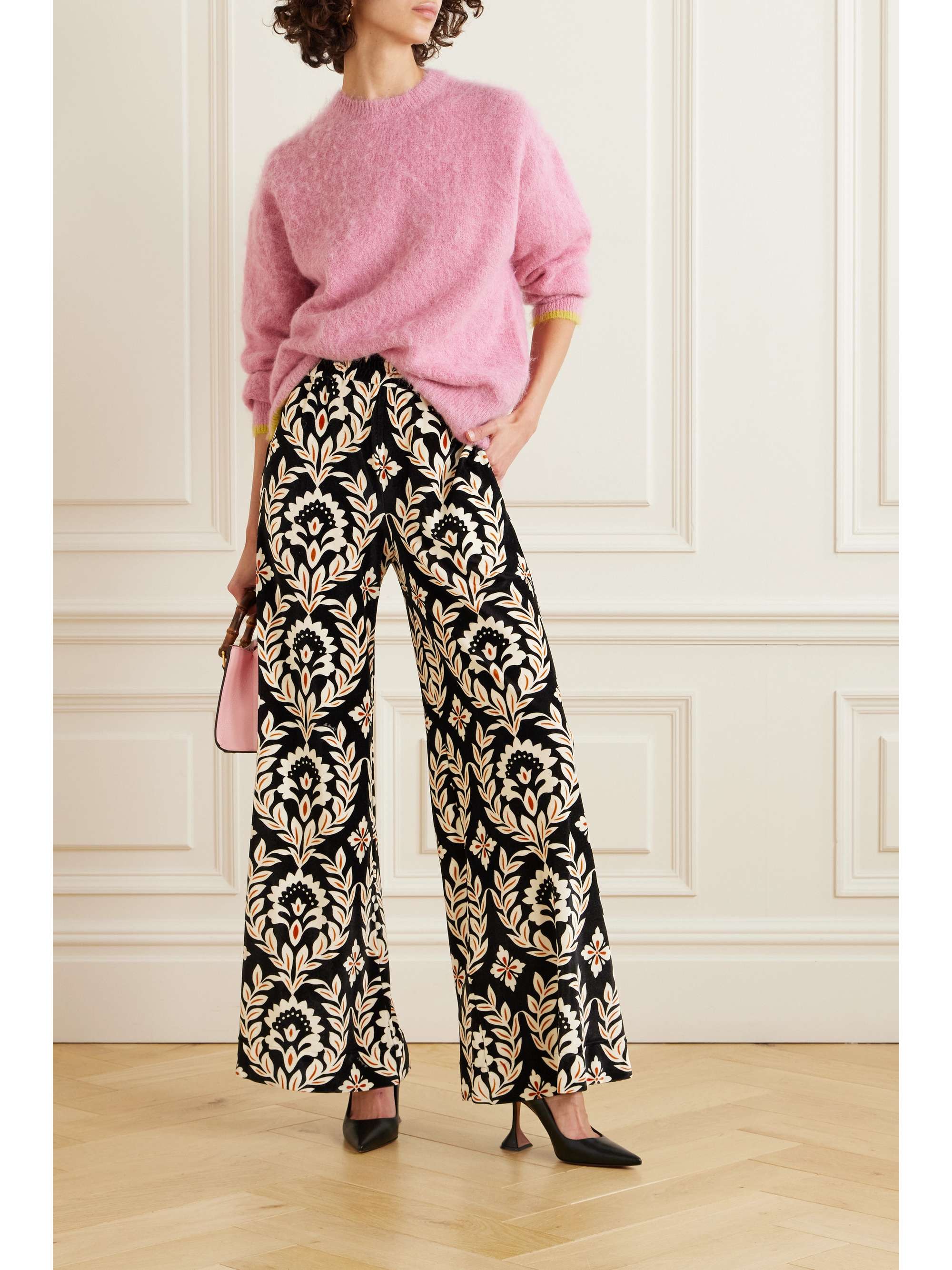 Printed stretch-velvet wide-leg pants view