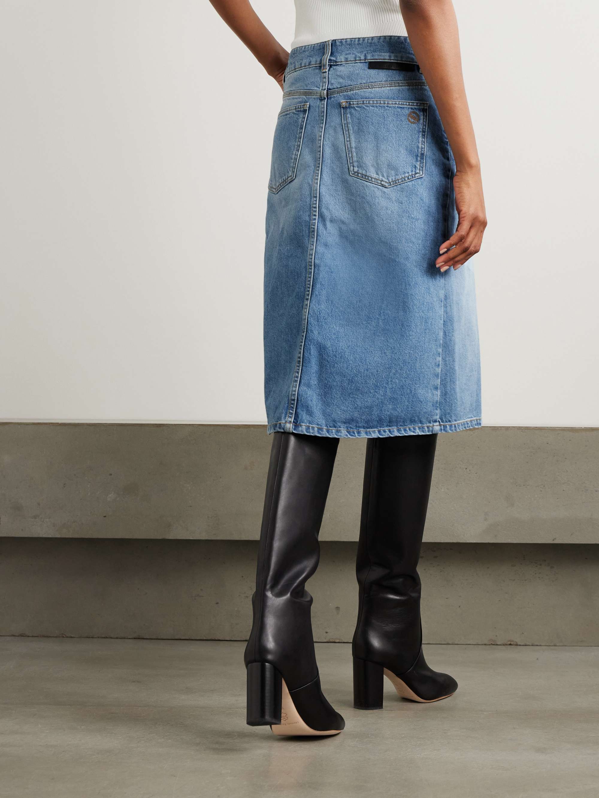 + NET SUSTAIN chain-embellished denim midi skirt view