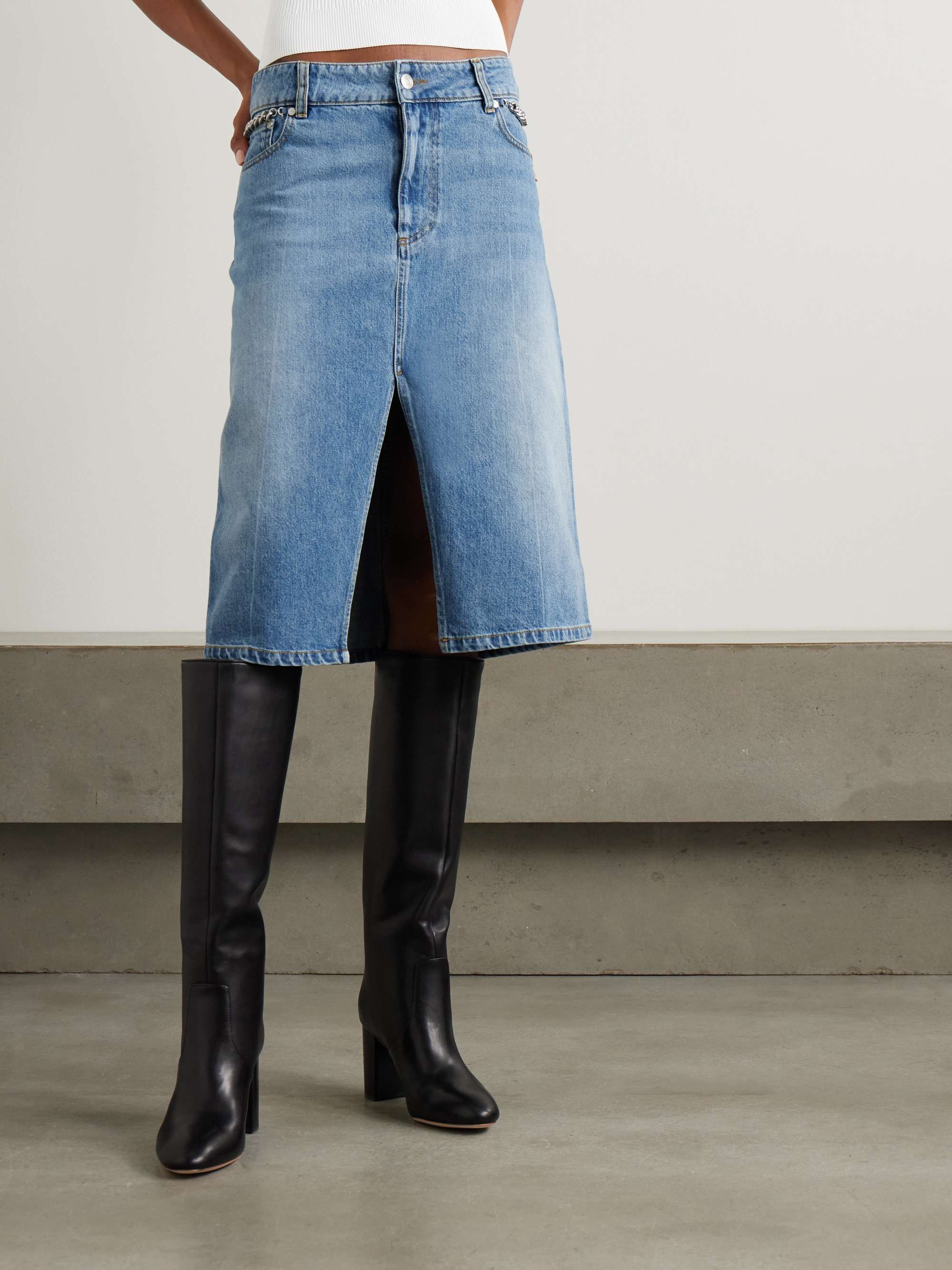 + NET SUSTAIN chain-embellished denim midi skirt view