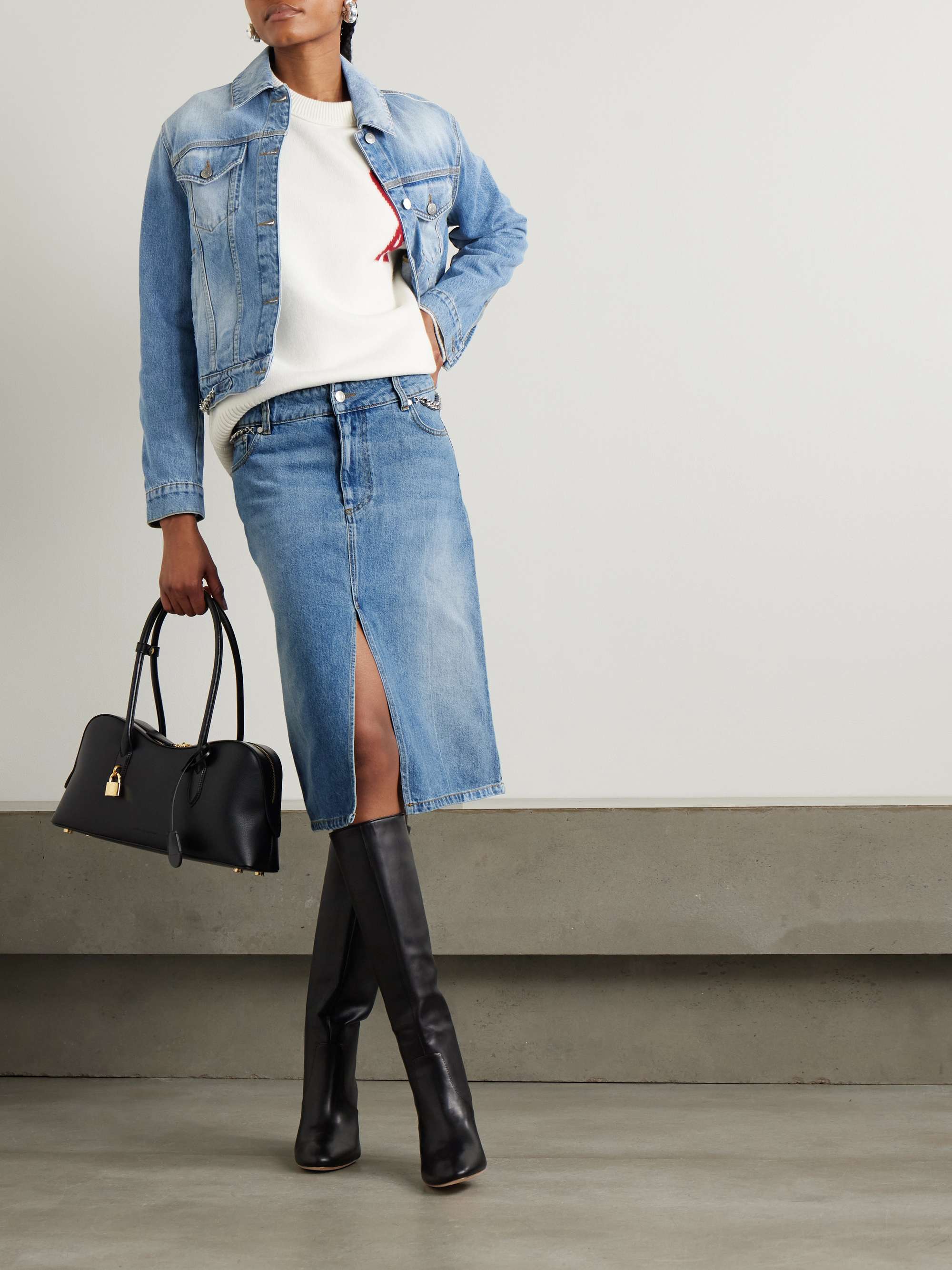 + NET SUSTAIN chain-embellished denim midi skirt view