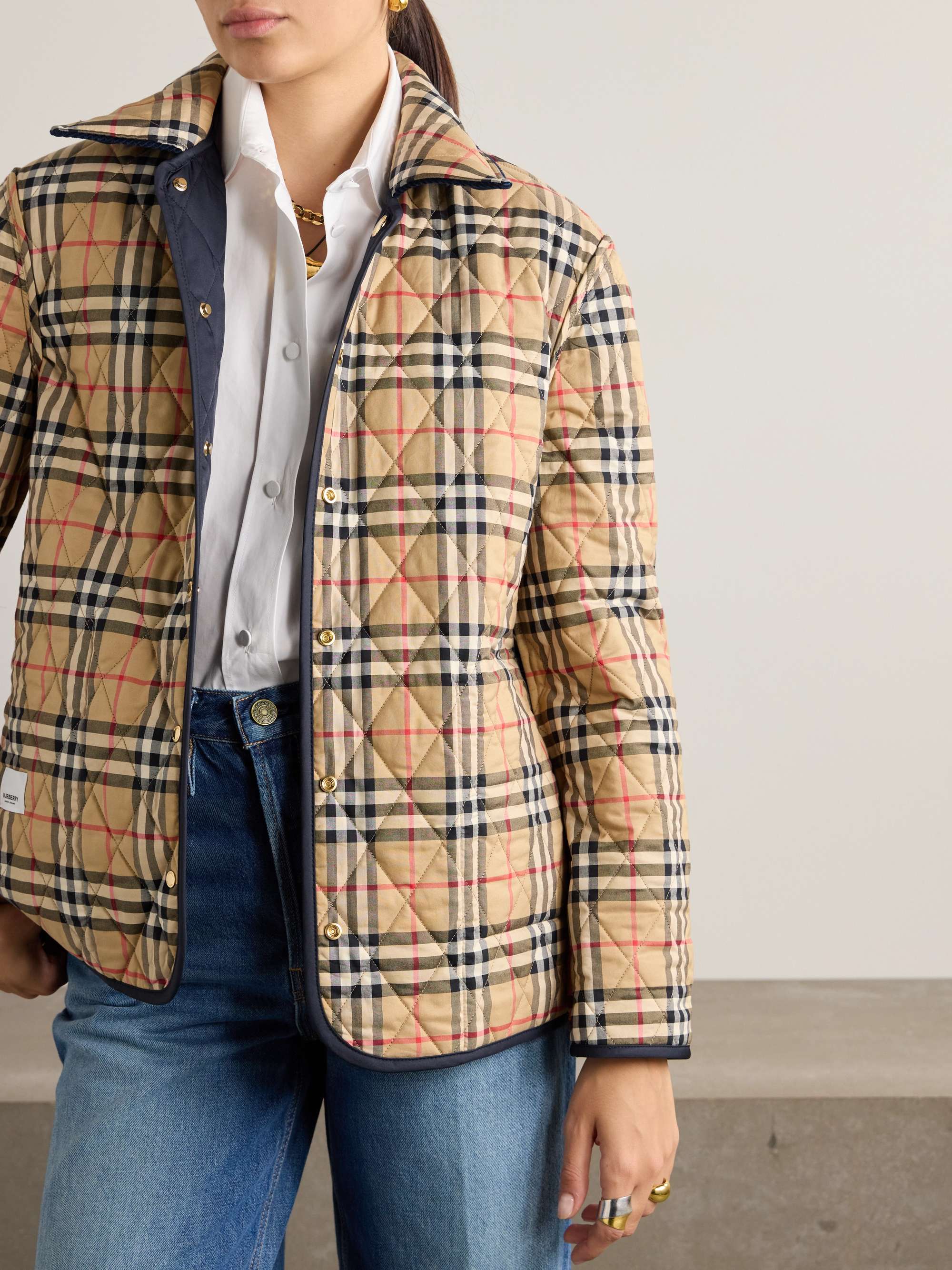 Reversible corduroy-trimmed quilted shell and checked cotton jacket view