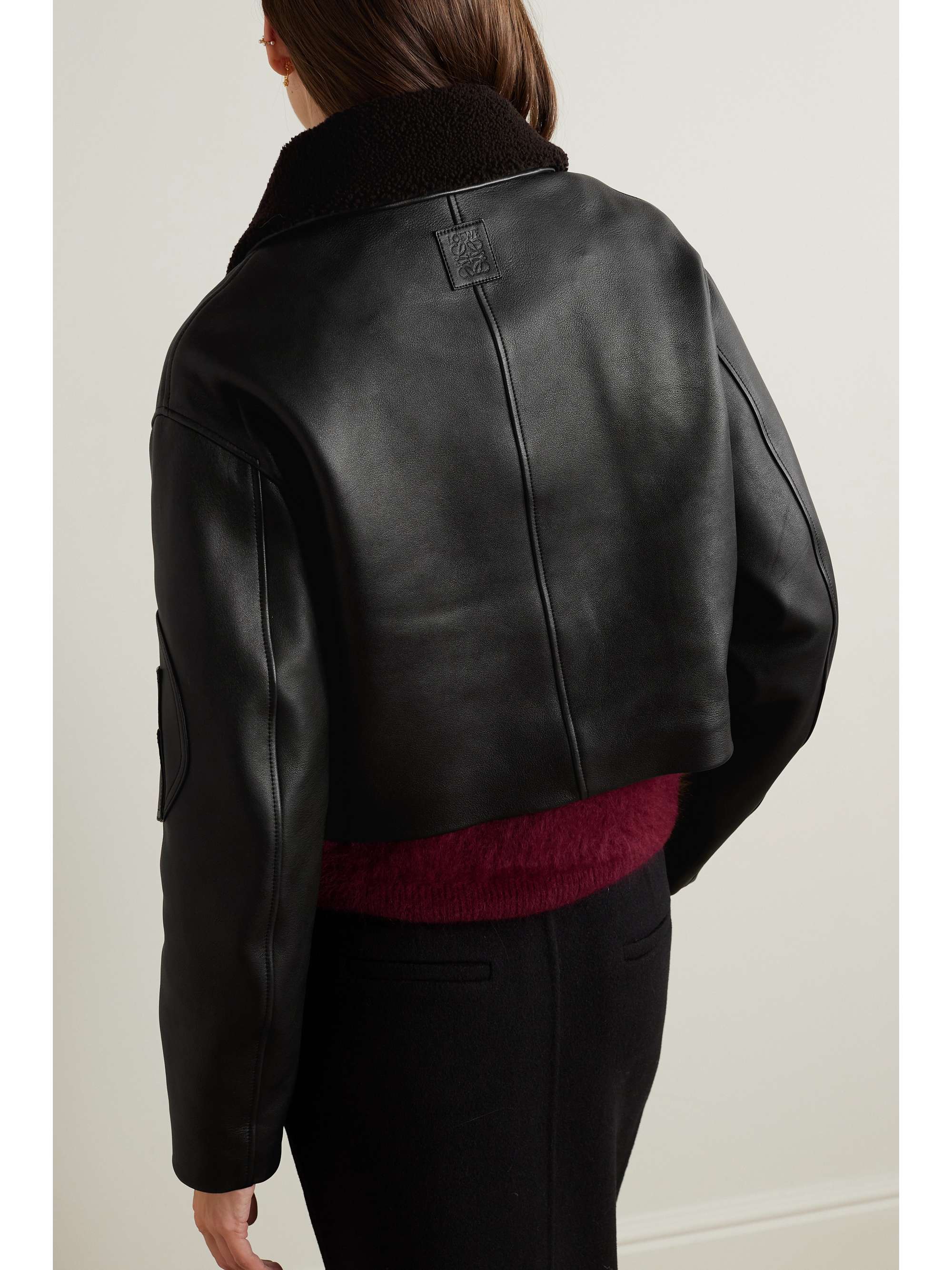Cropped shearling-trimmed leather jacket view