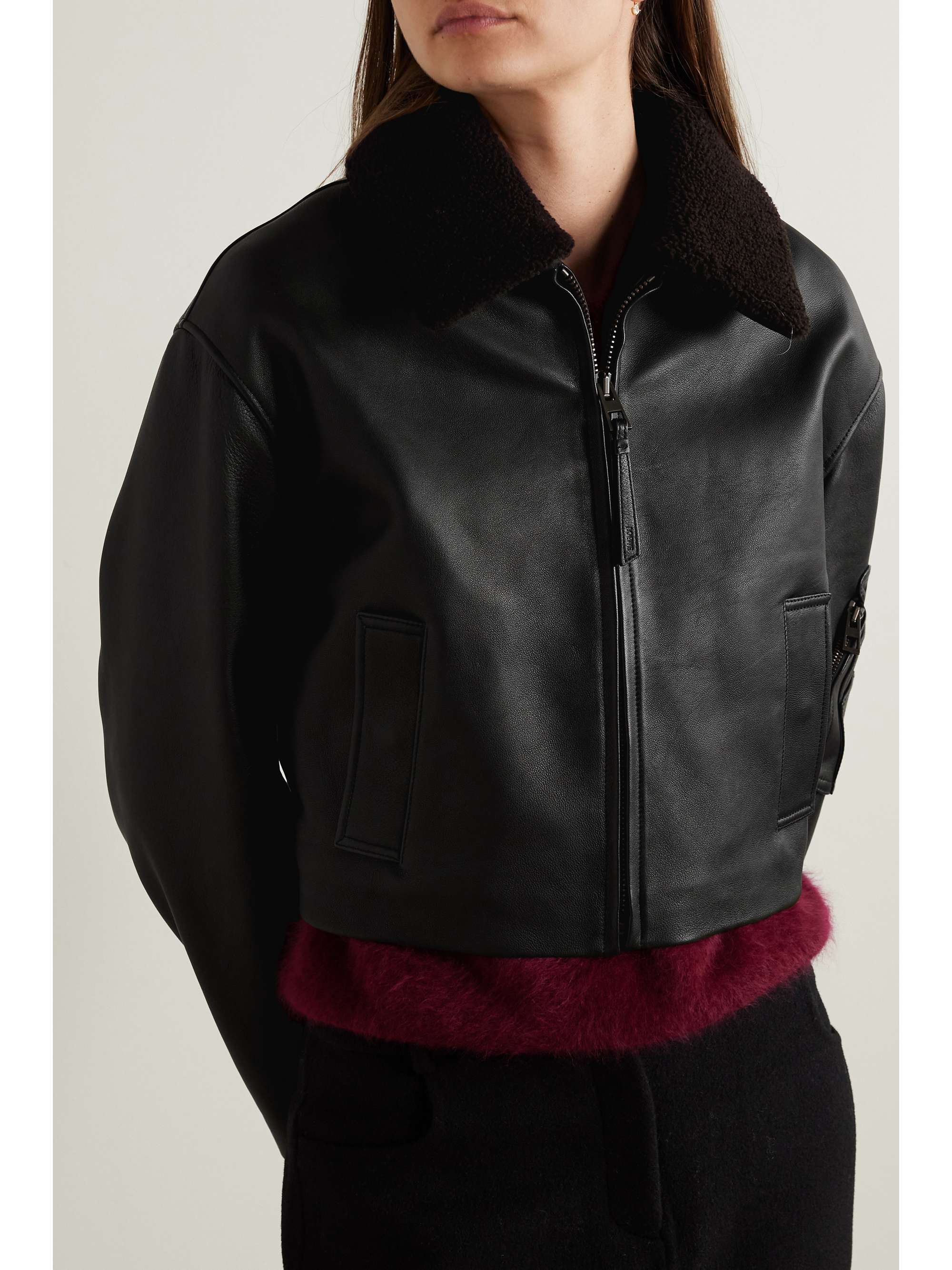 Cropped shearling-trimmed leather jacket view