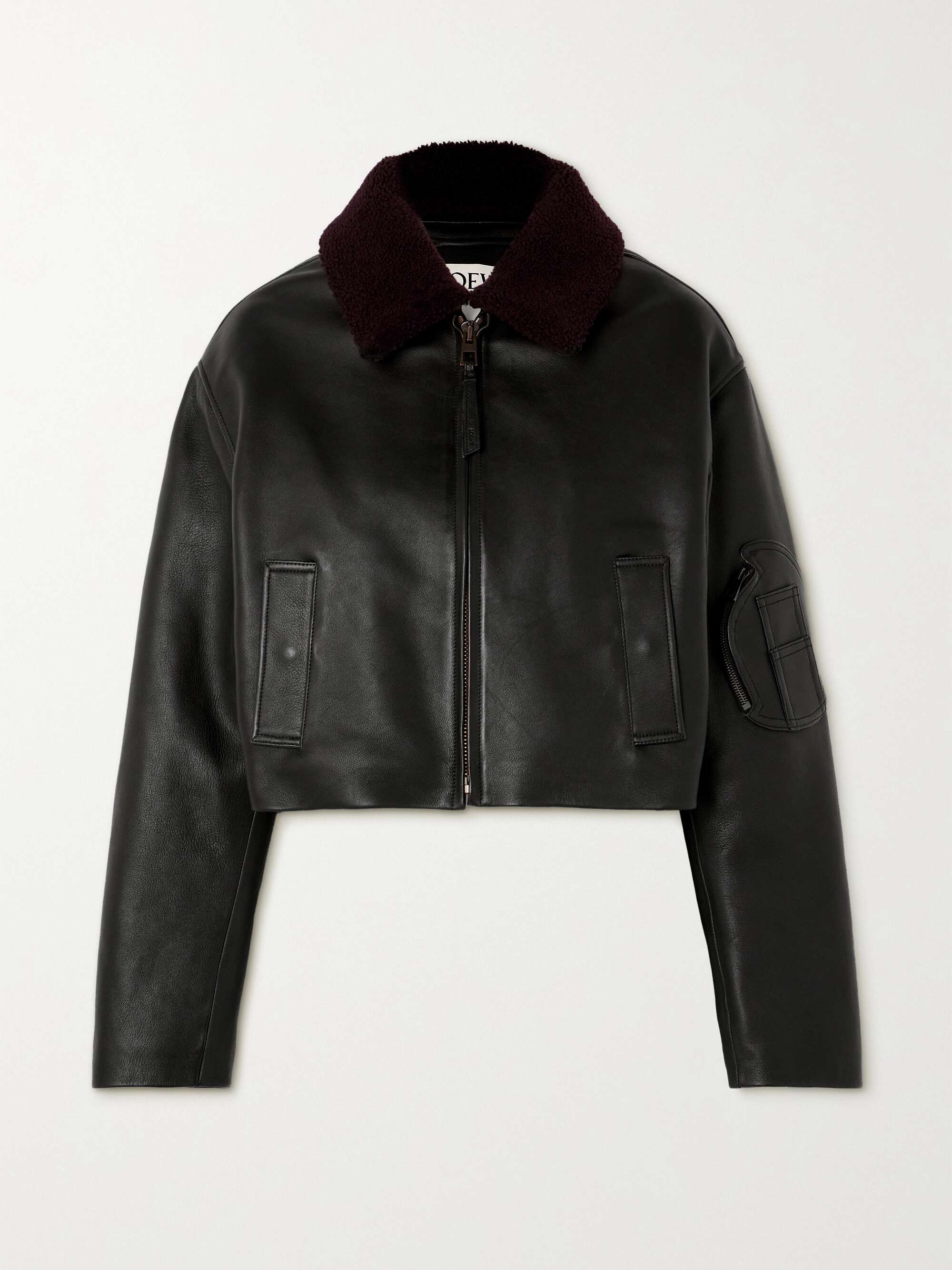 Cropped shearling-trimmed leather jacket view