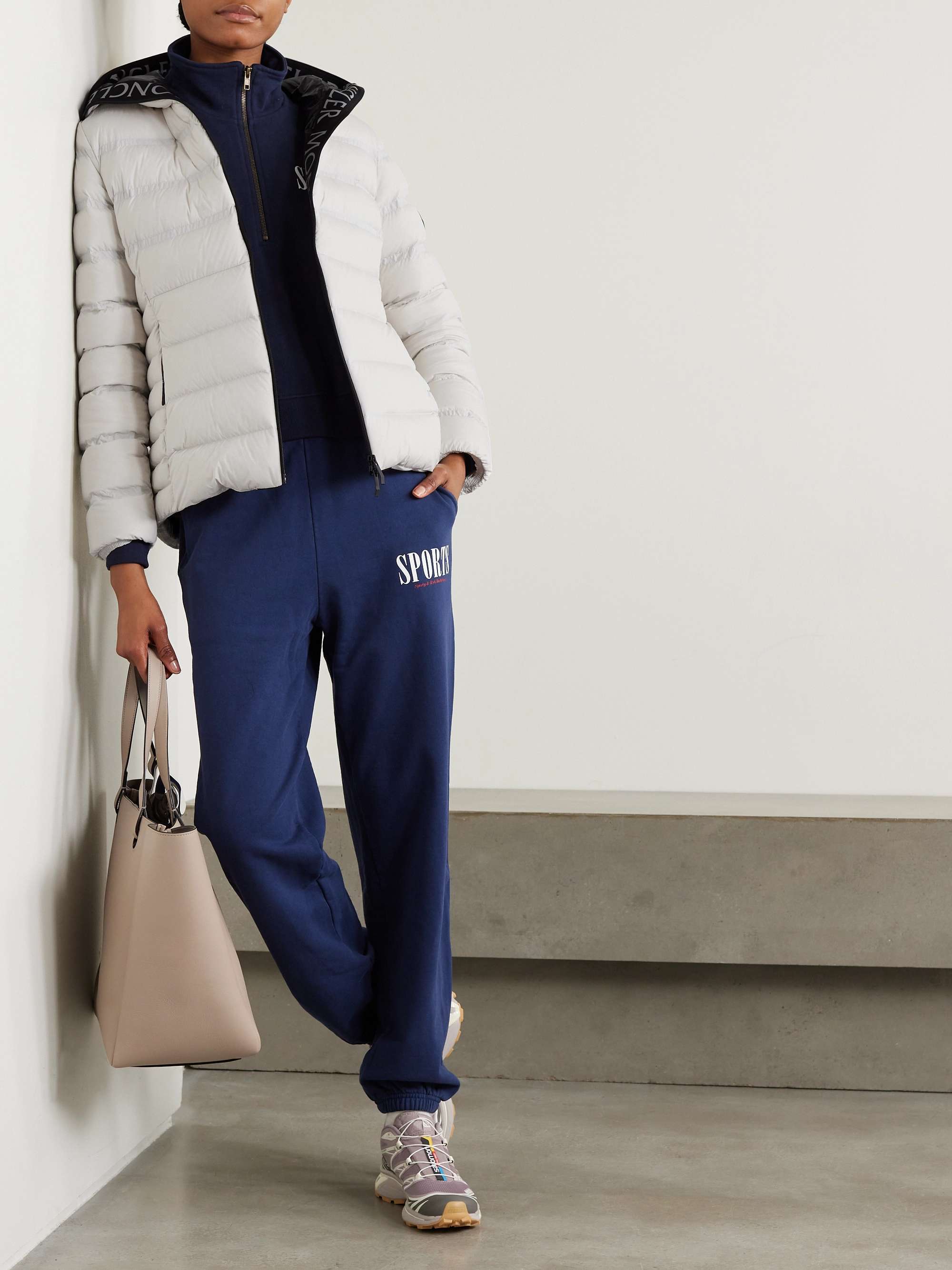 Appliquéd webbing-trimmed quilted shell down jacket view