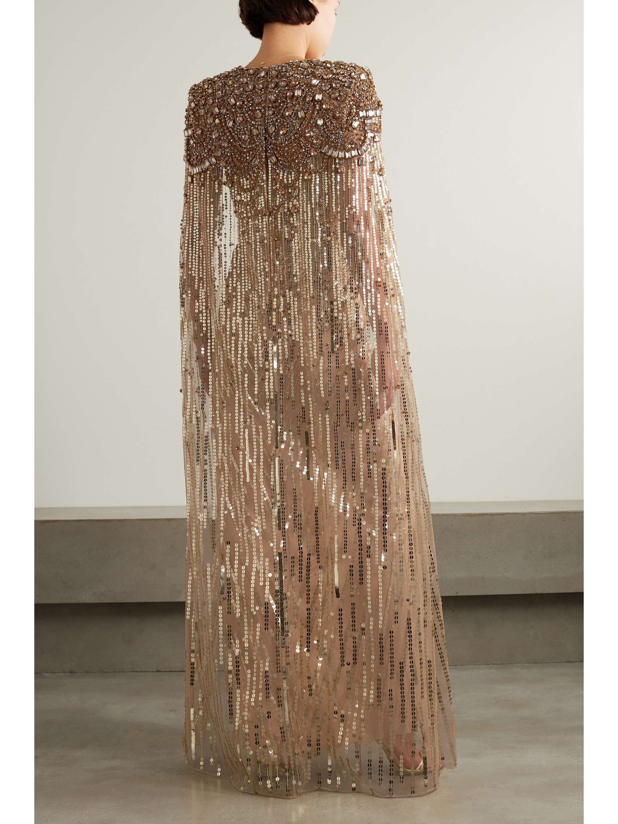 Lotus cape-effect embellished sequined tulle gown view