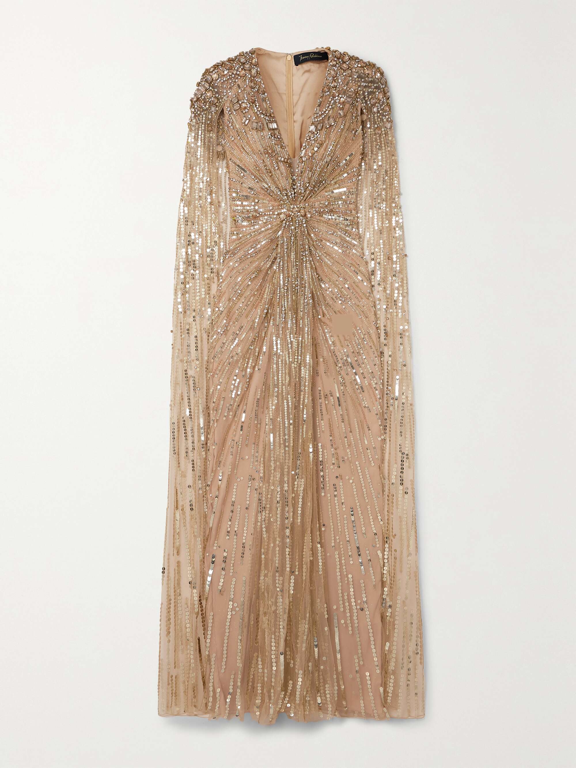 Lotus cape-effect embellished sequined tulle gown view