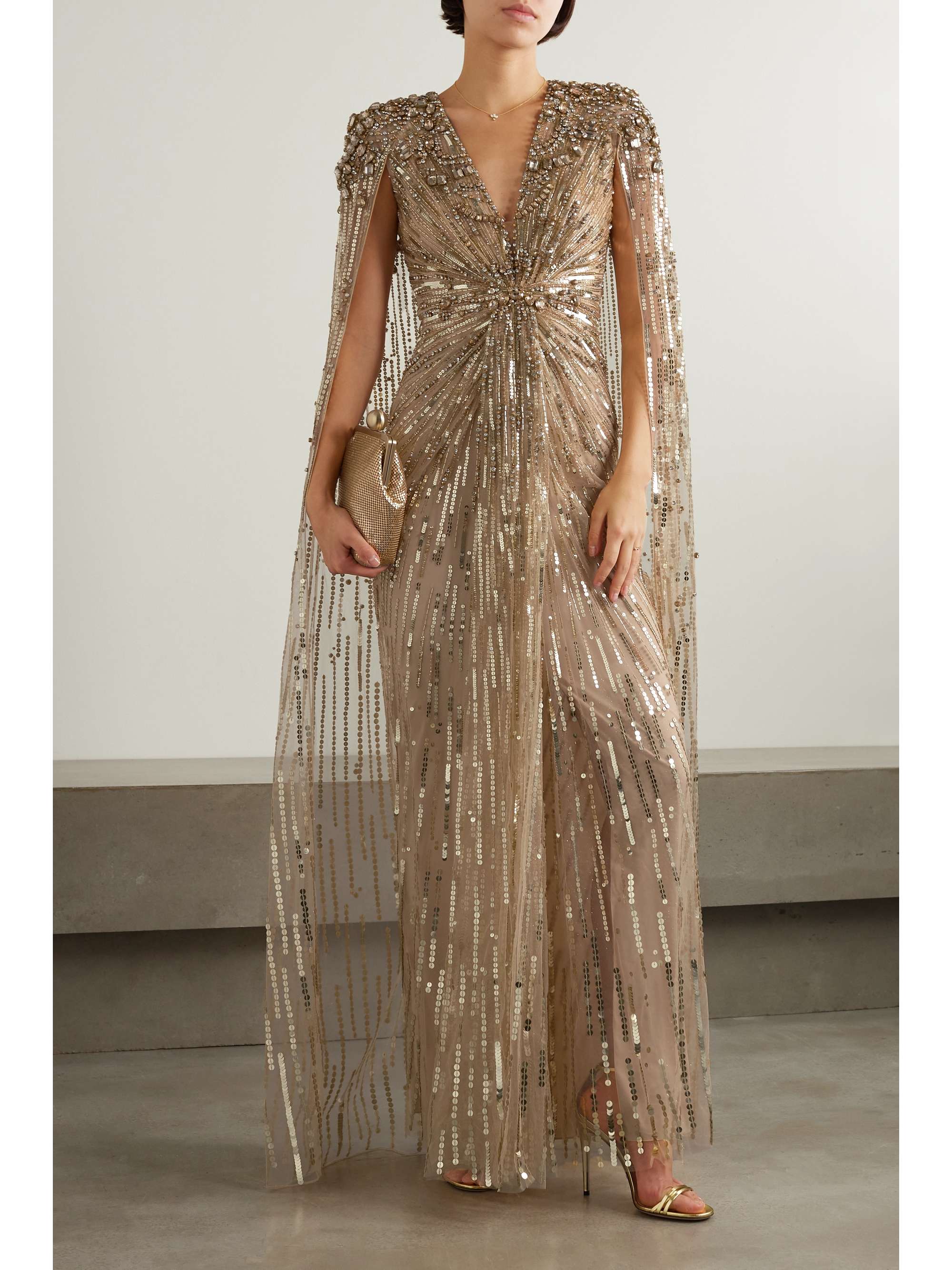 Lotus cape-effect embellished sequined tulle gown view