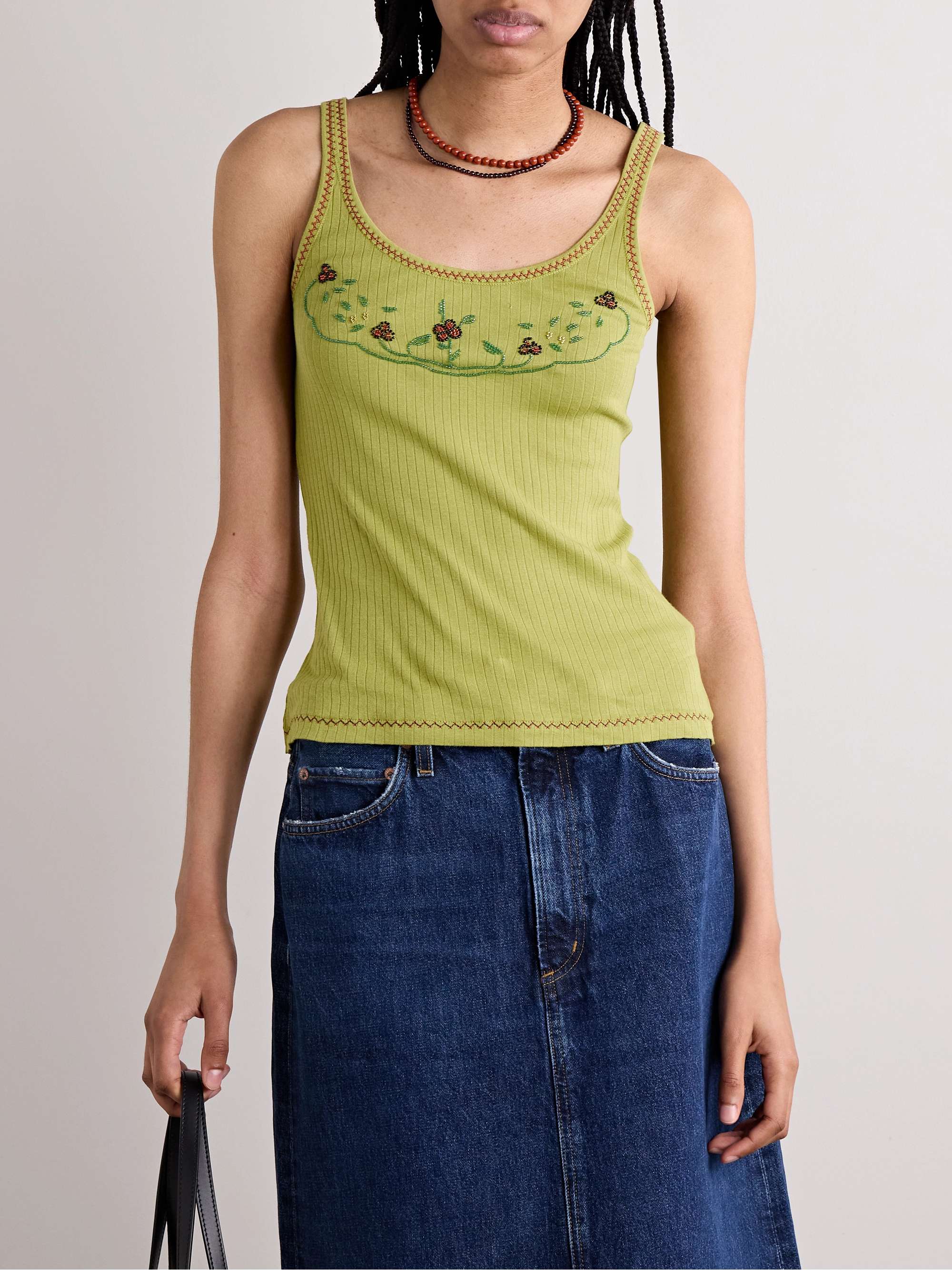 Dahlia bead-embellished ribbed cotton-jersey tank view