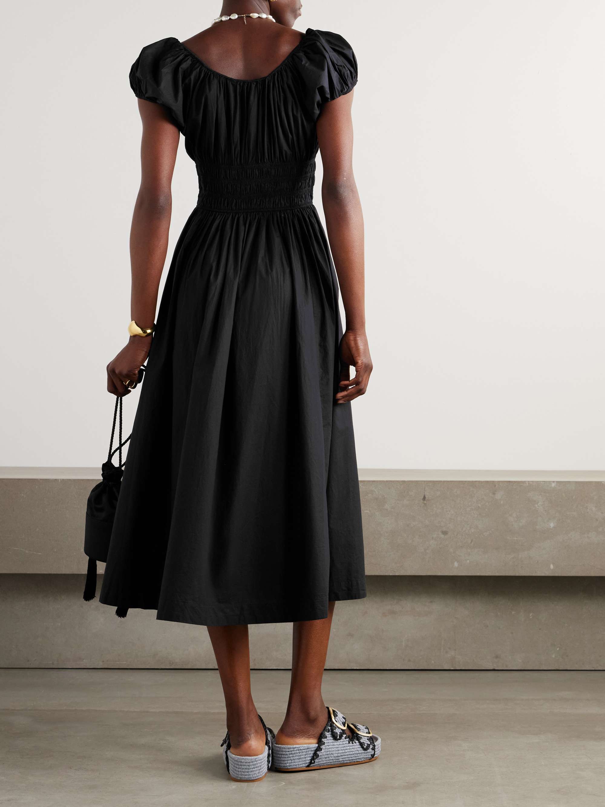 Quinn tie-detailed shirred organic cotton-poplin midi dress view