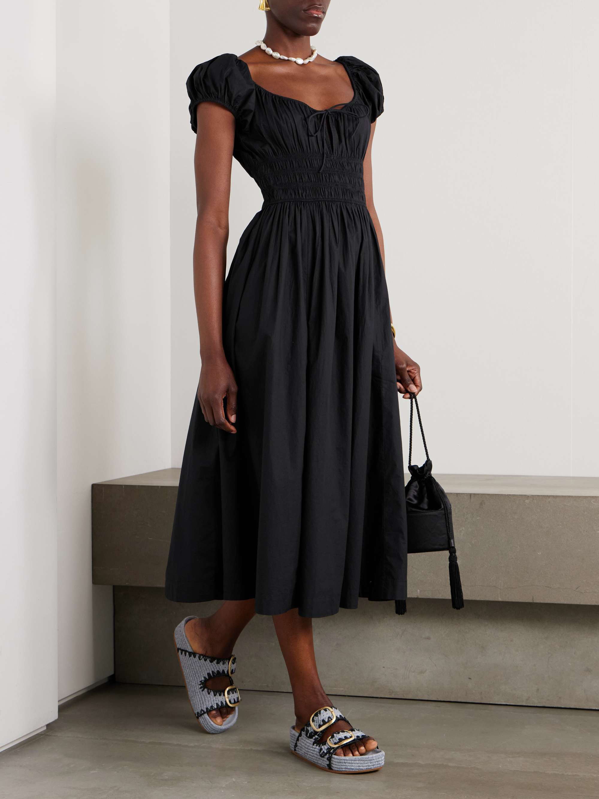 Quinn tie-detailed shirred organic cotton-poplin midi dress view