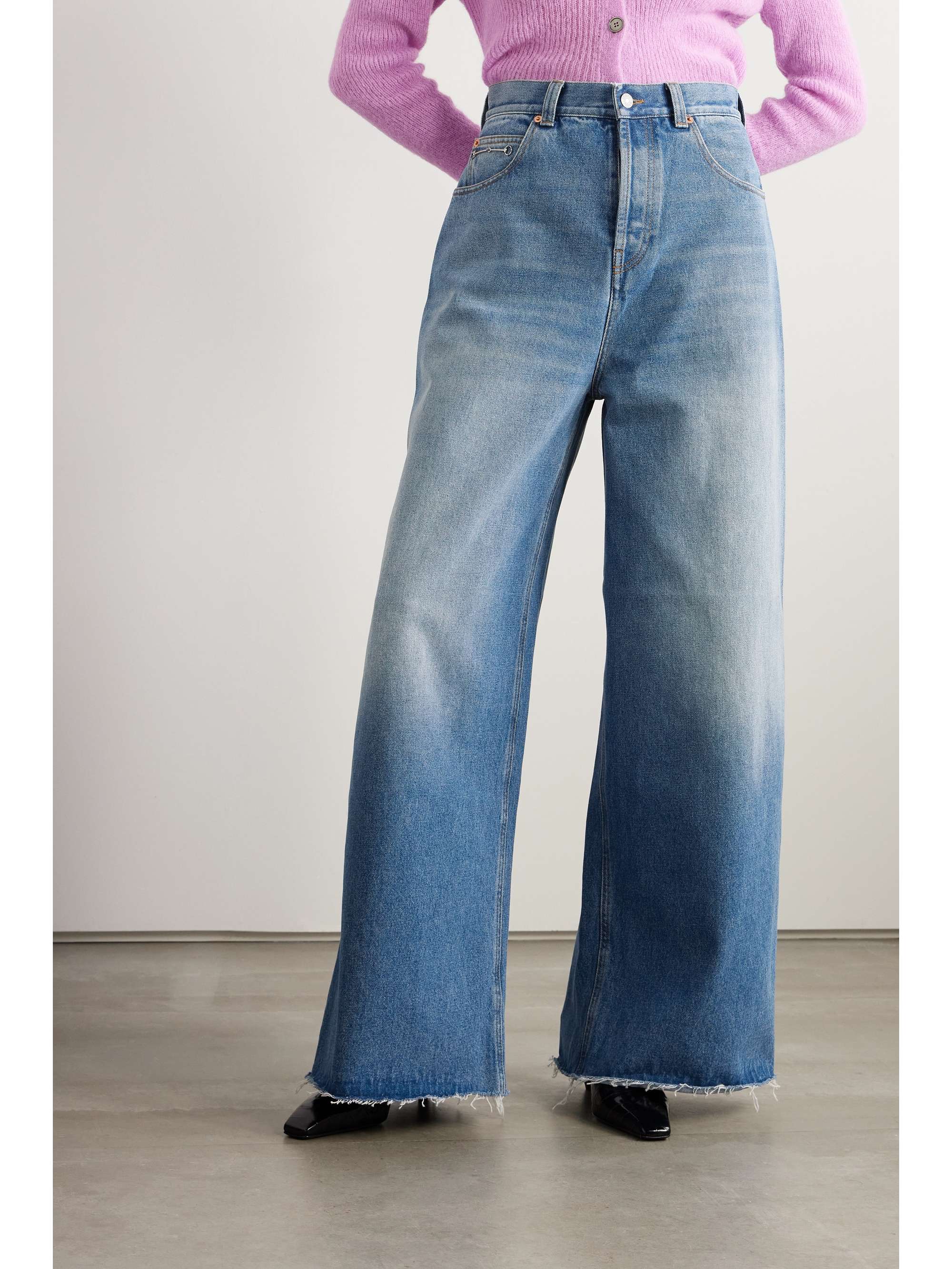 Horsebit-detailed frayed high-rise wide-leg jeans view