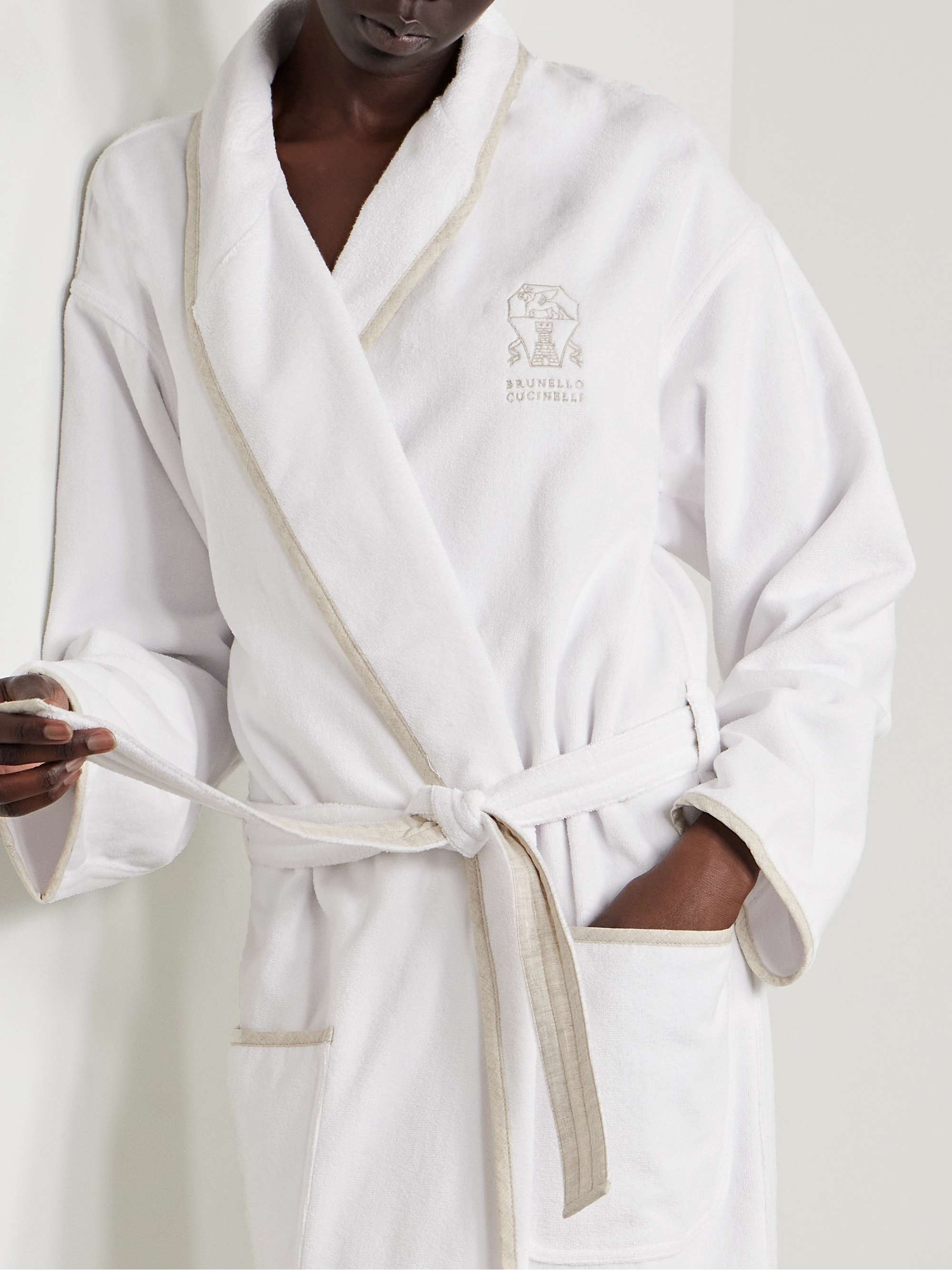 Embroidered linen-trimmed cotton-terry robe view