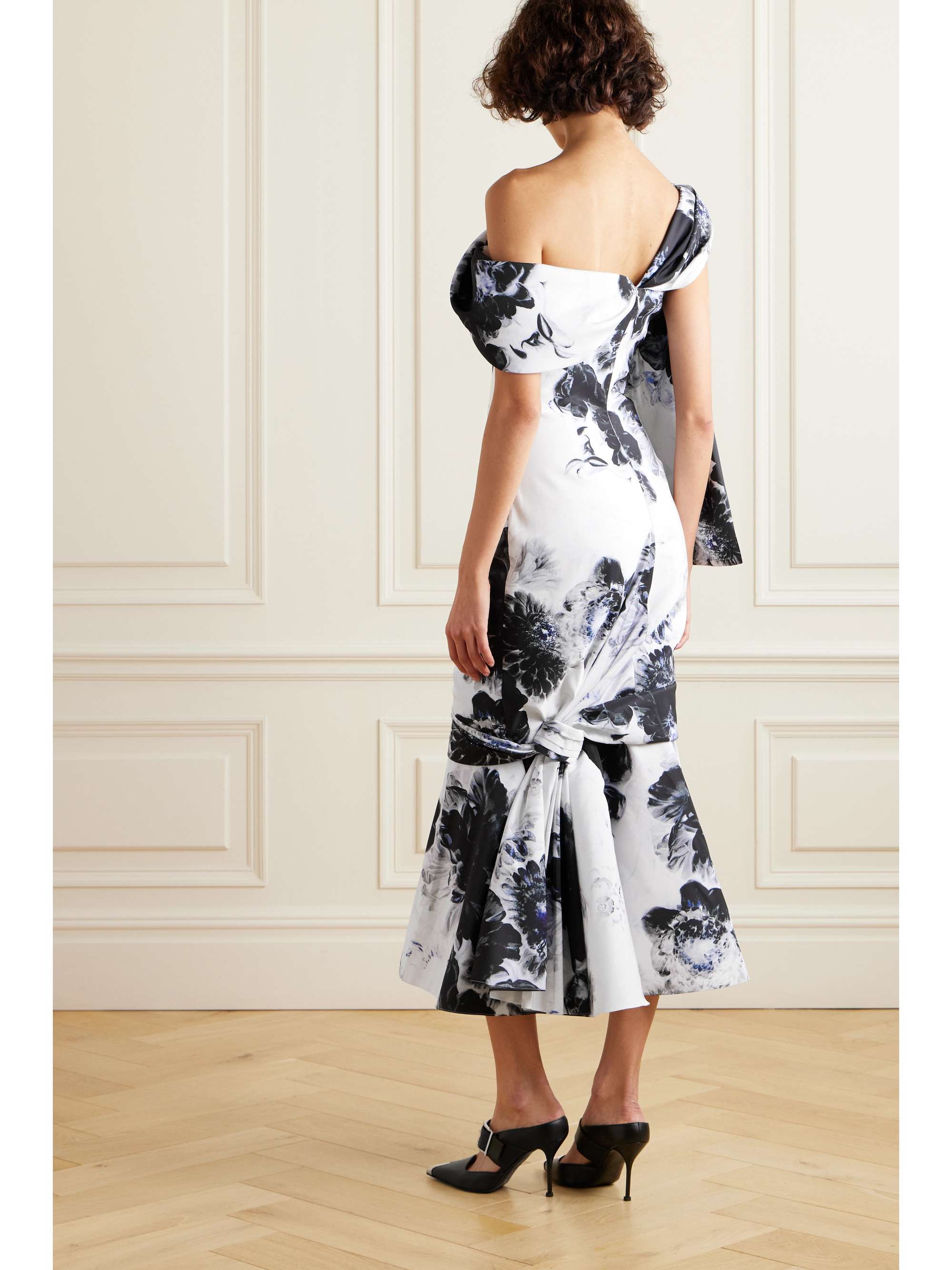 One-shoulder asymmetric draped taffeta midi dress view