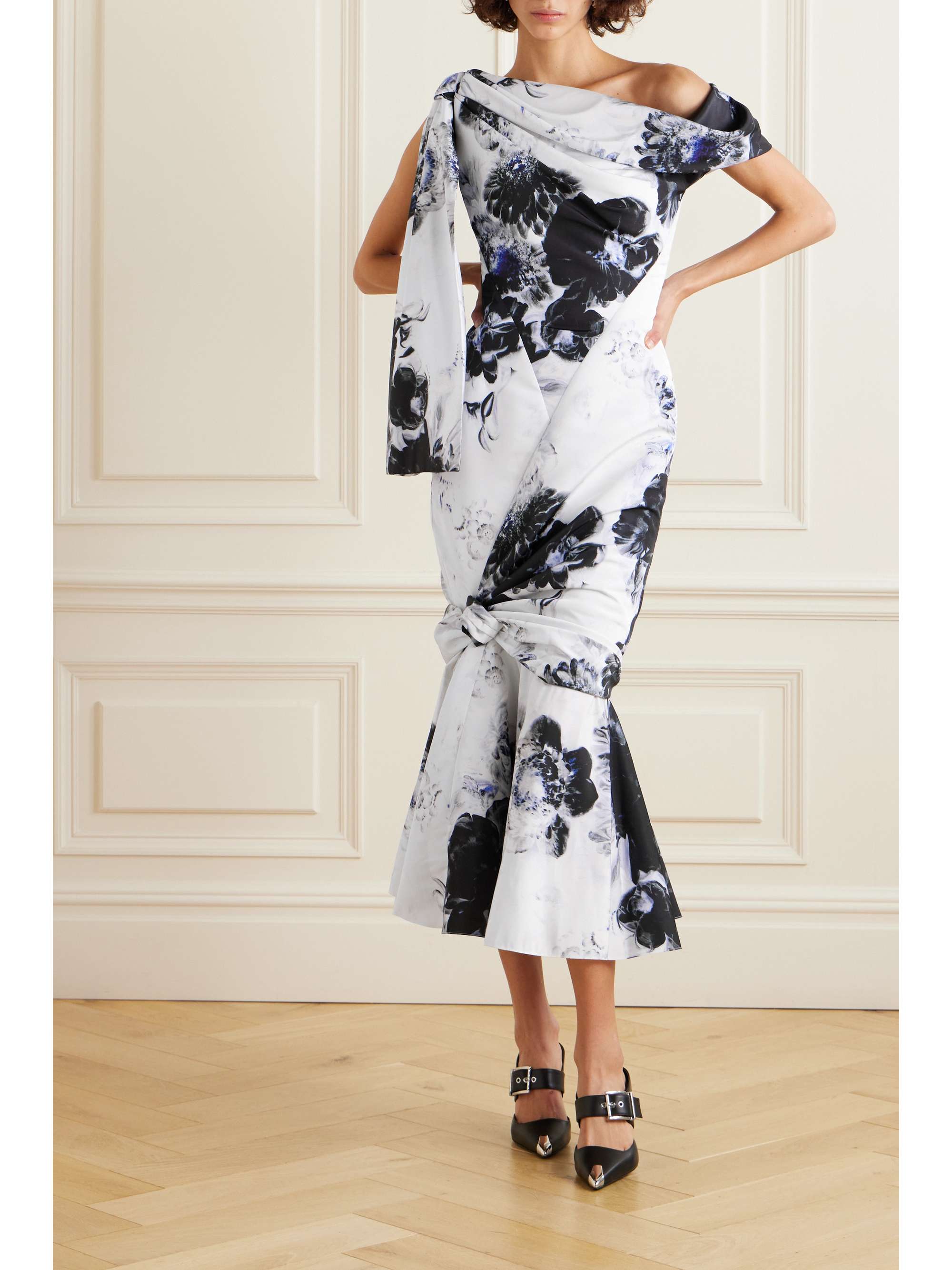 One-shoulder asymmetric draped taffeta midi dress view