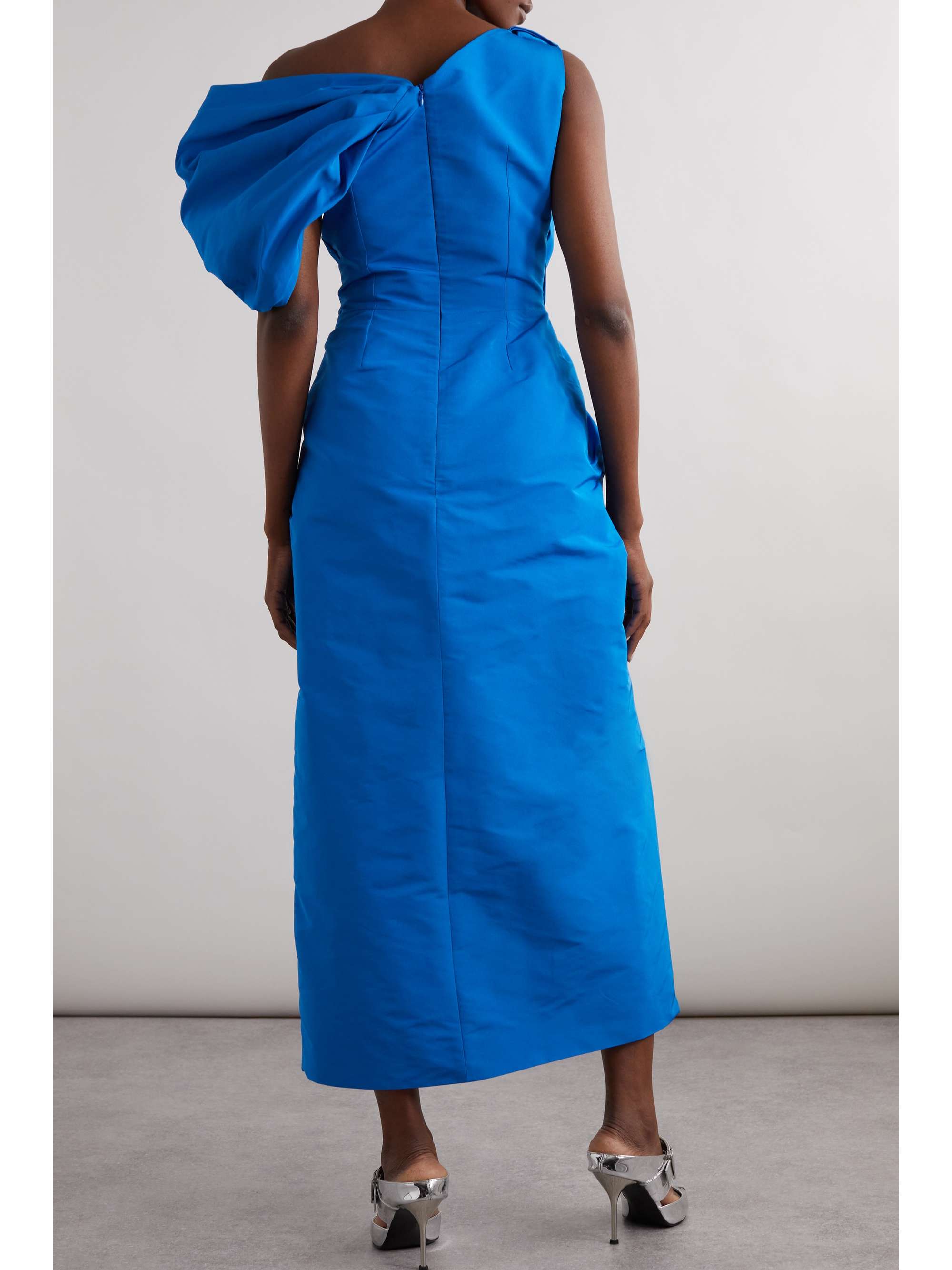 One-shoulder asymmetric knotted faille midi dress view