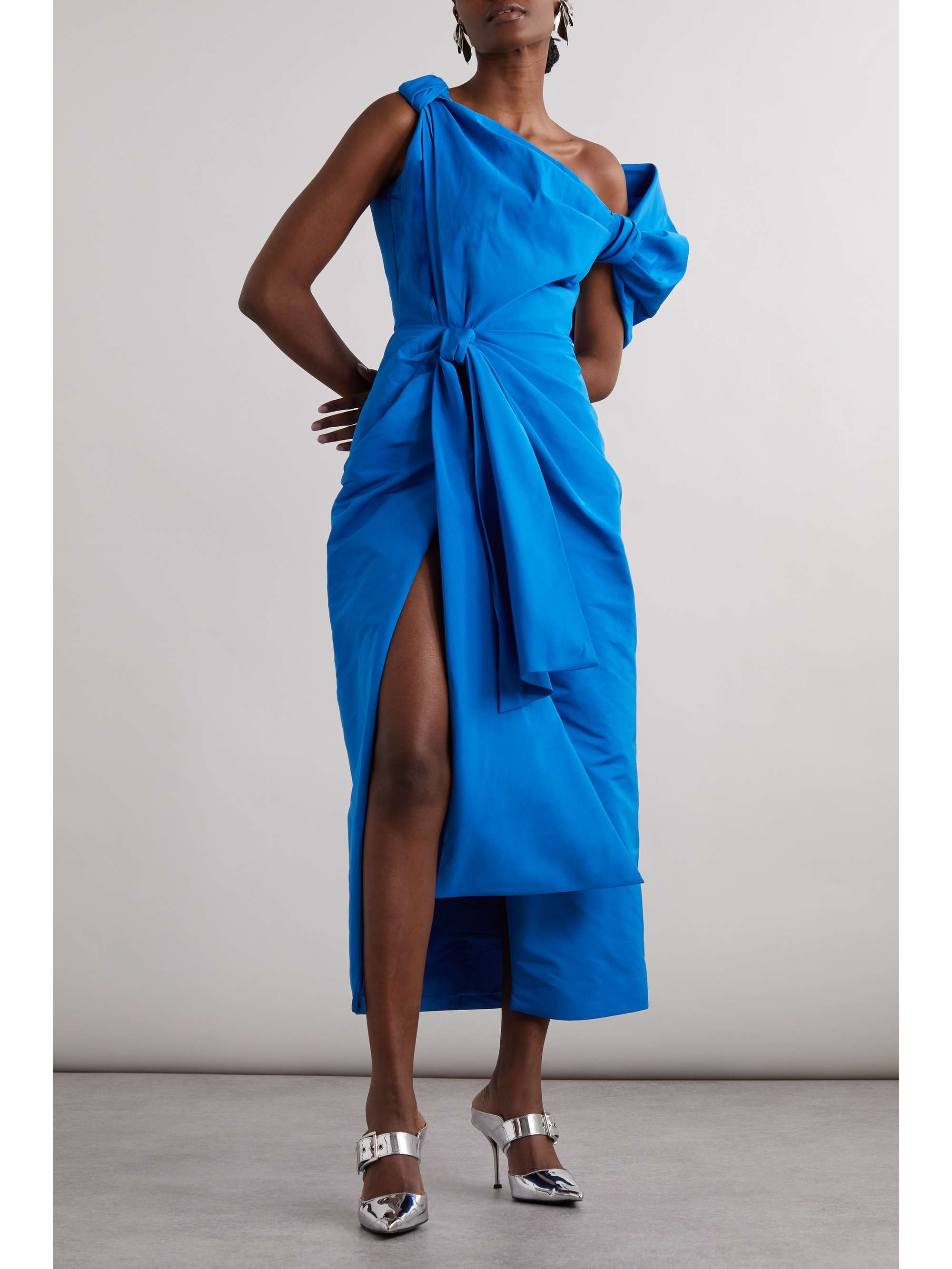 One-shoulder asymmetric knotted faille midi dress view