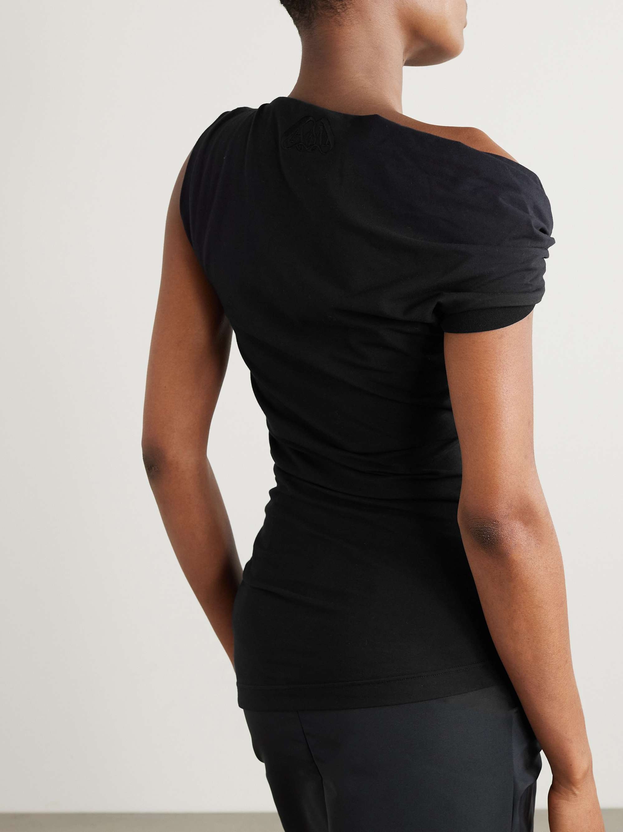 Asymmetric bow-detailed embroidered stretch-cotton jersey top view