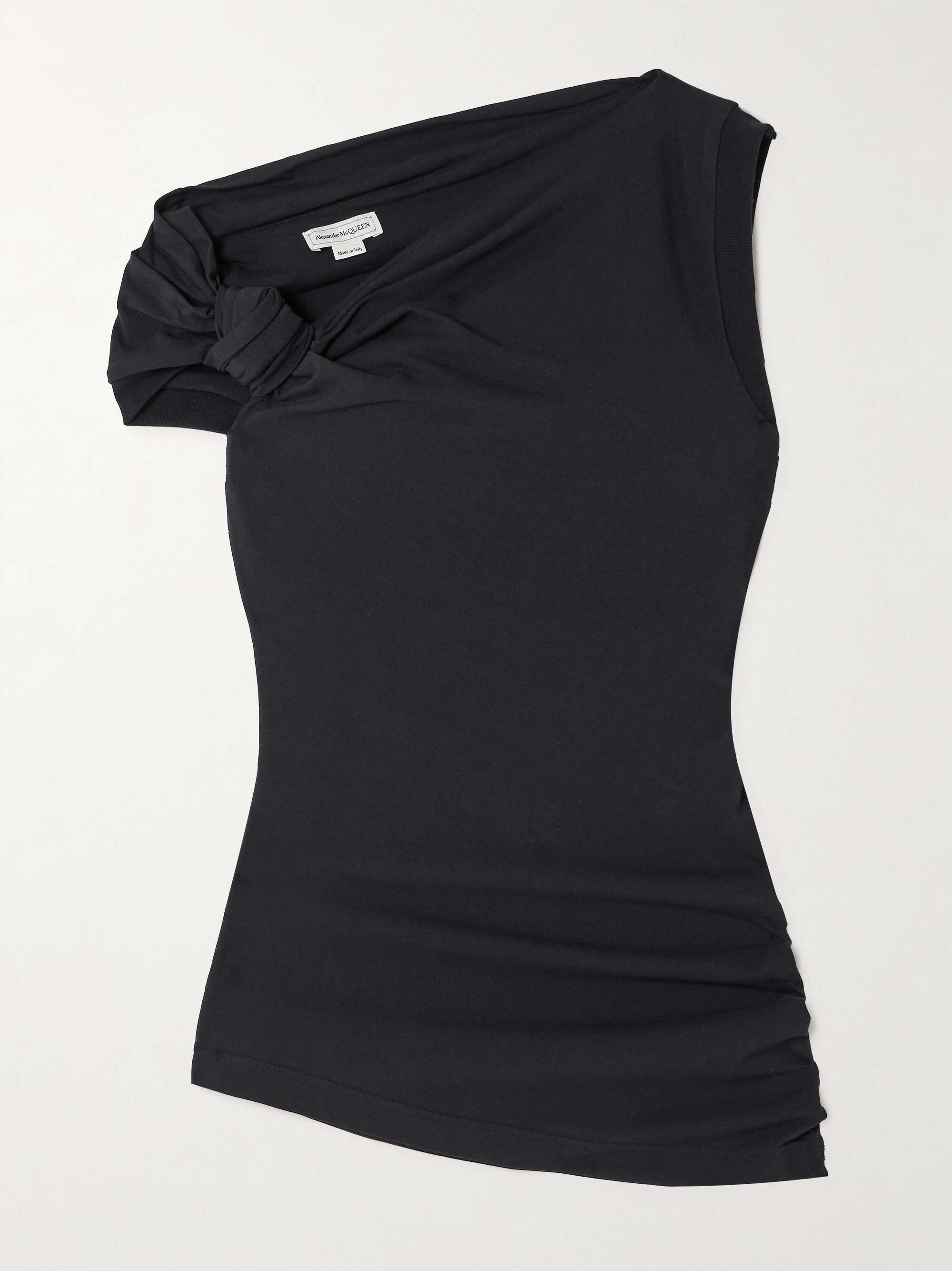 Asymmetric bow-detailed embroidered stretch-cotton jersey top view