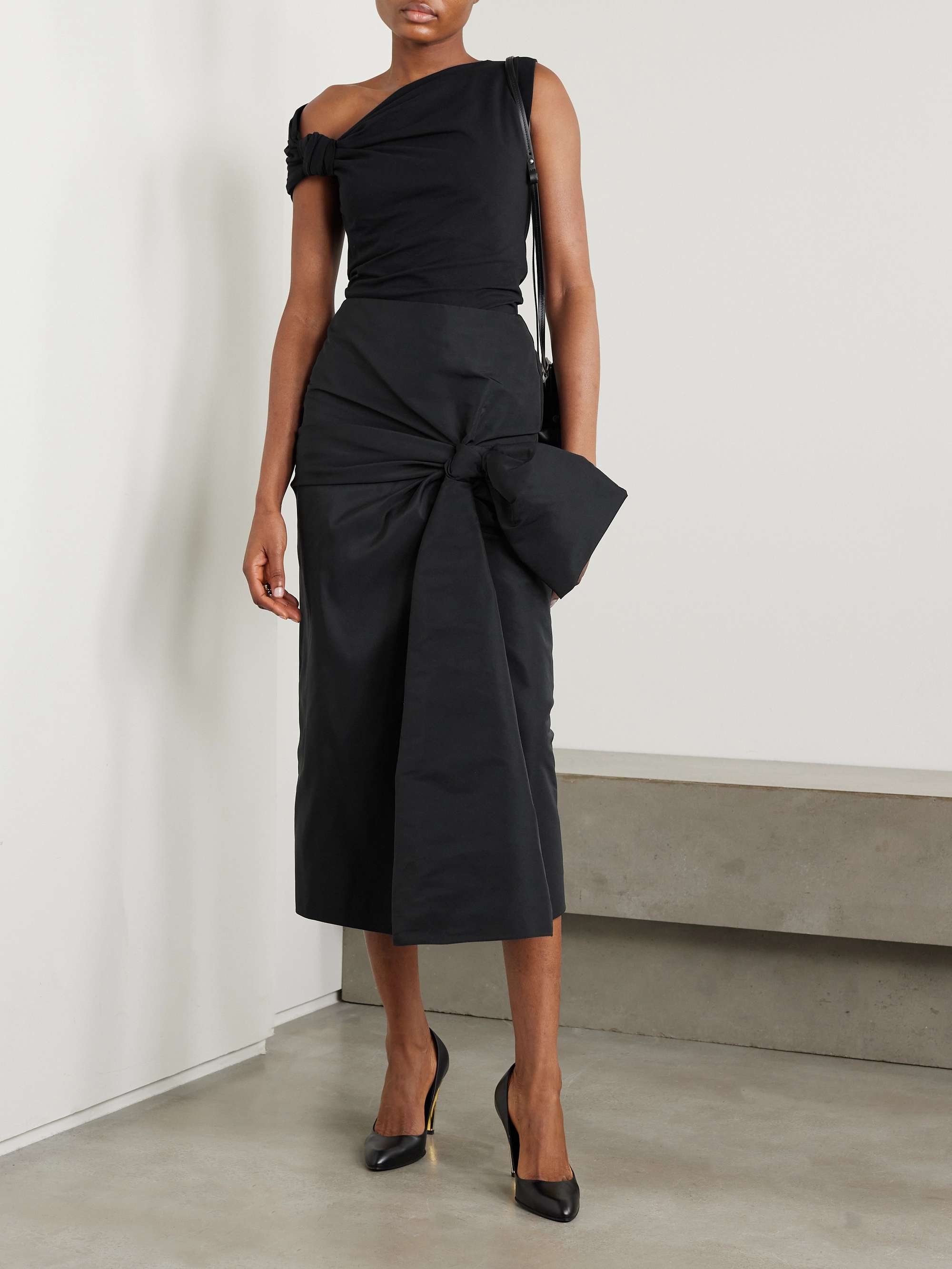 Asymmetric bow-detailed embroidered stretch-cotton jersey top view