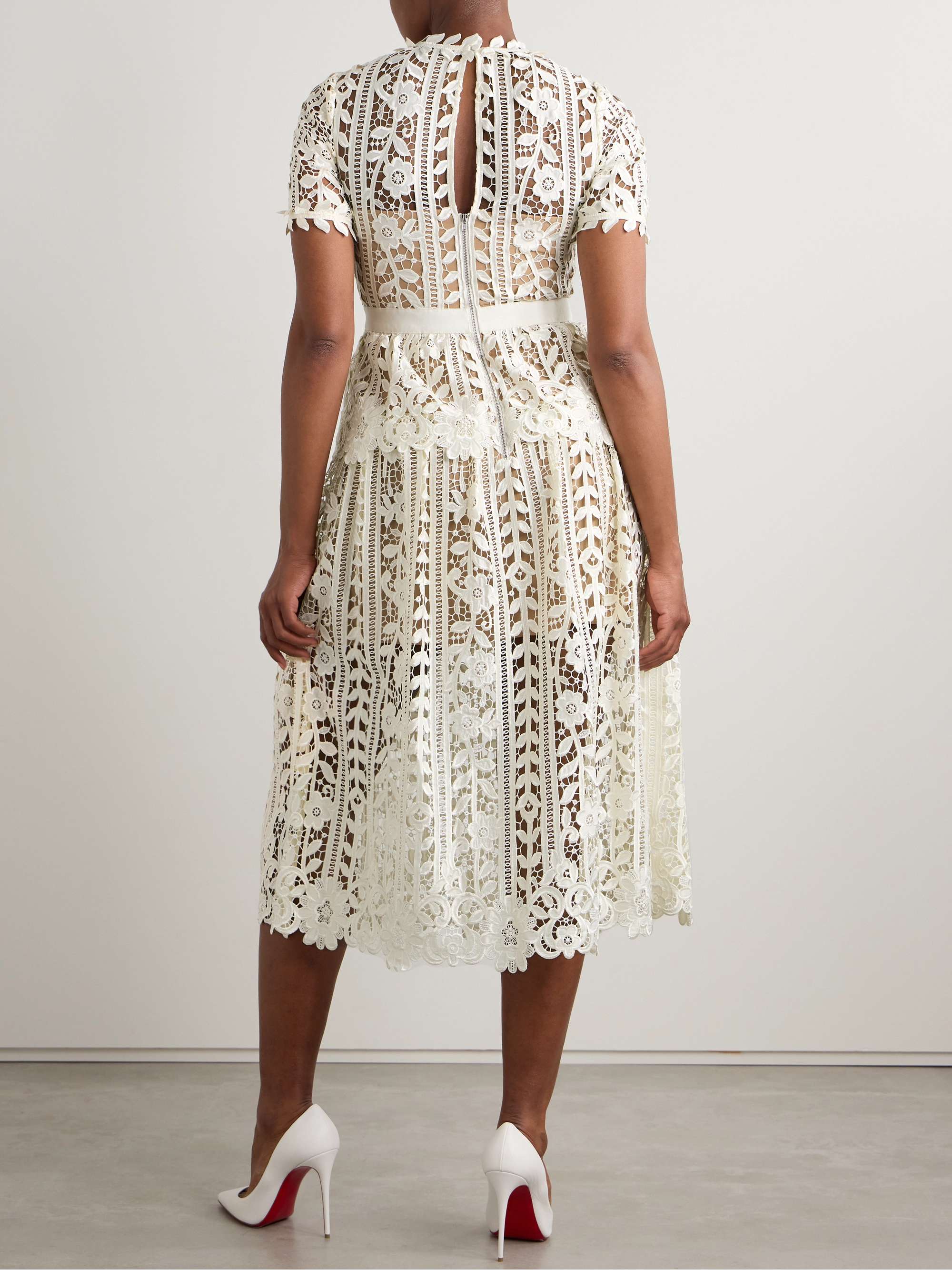 Grosgrain-trimmed embroidered guipure lace peplum midi dress view