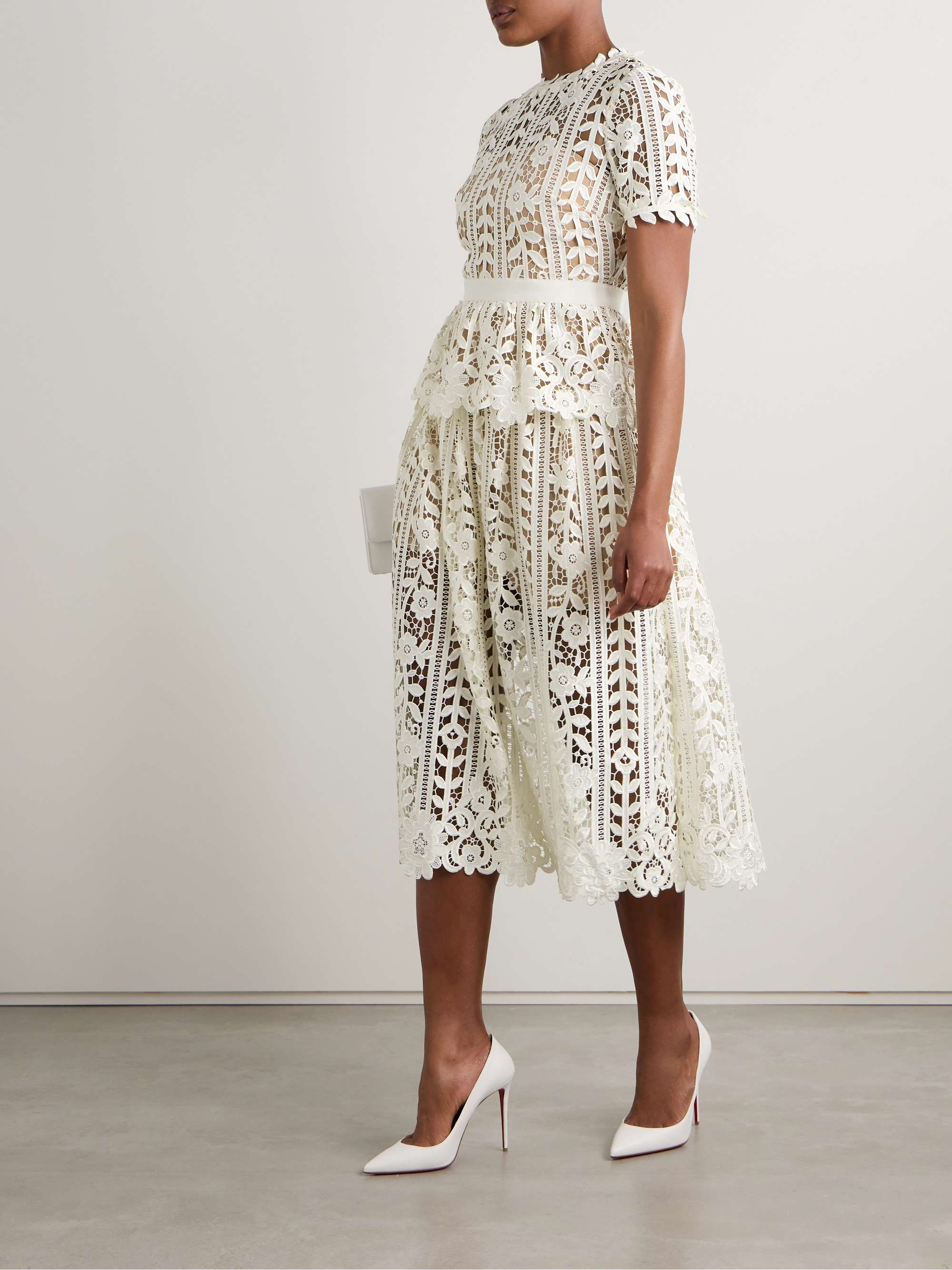 Grosgrain-trimmed embroidered guipure lace peplum midi dress view