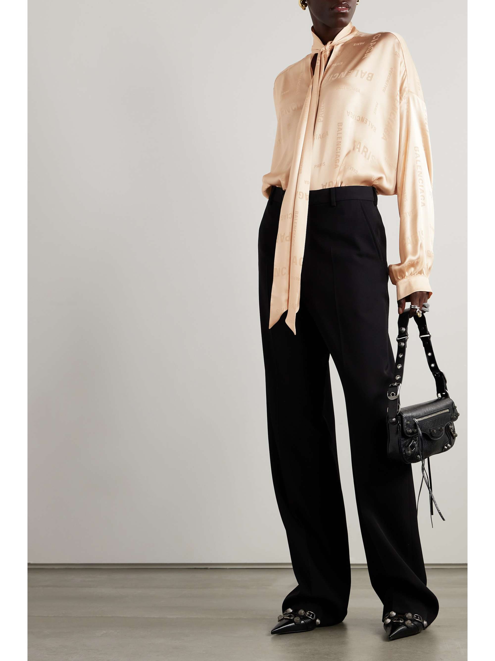 Oversized pussy-bow silk-satin jacquard blouse view