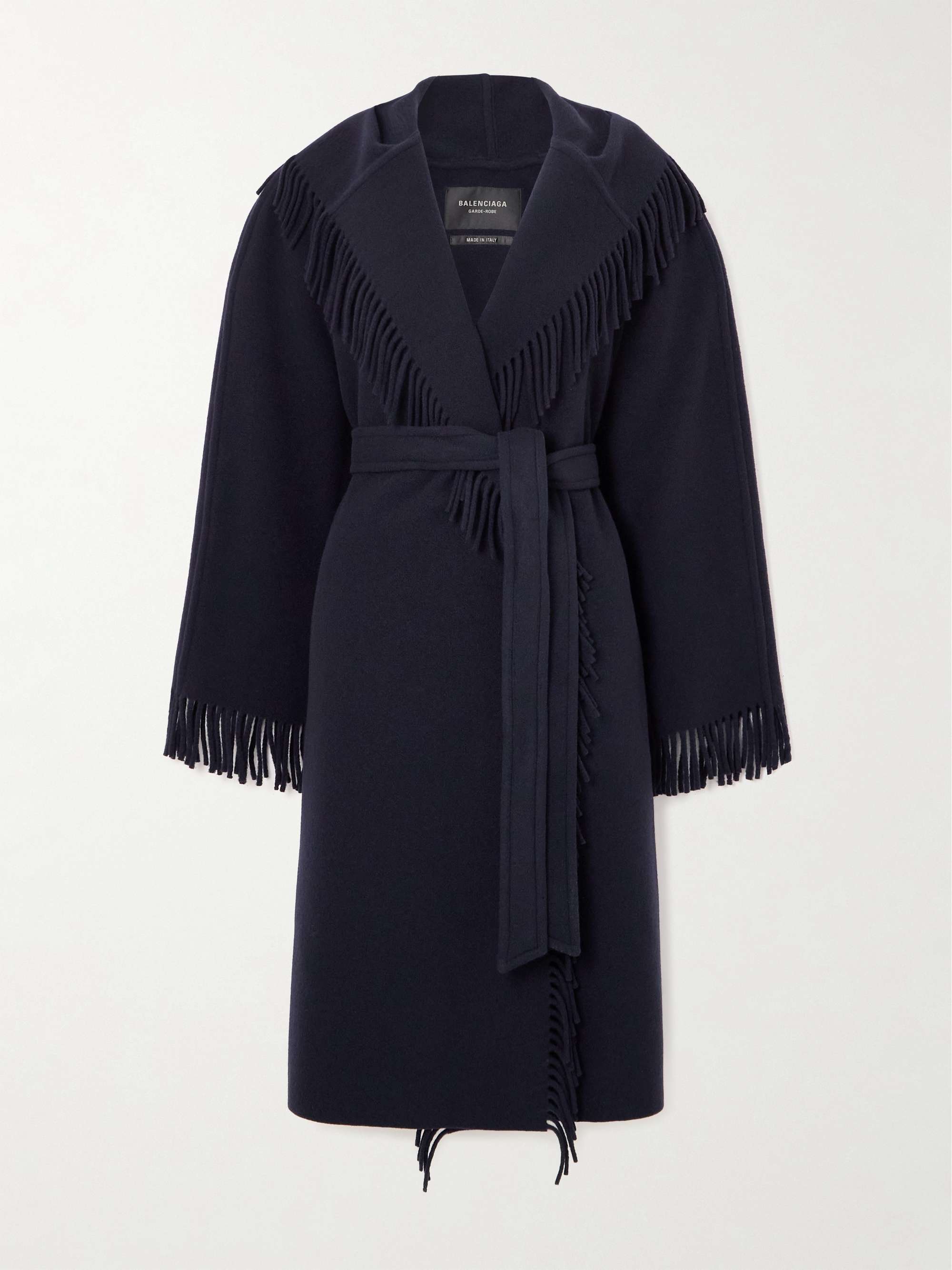 Fringed hooded brushed wool coat view