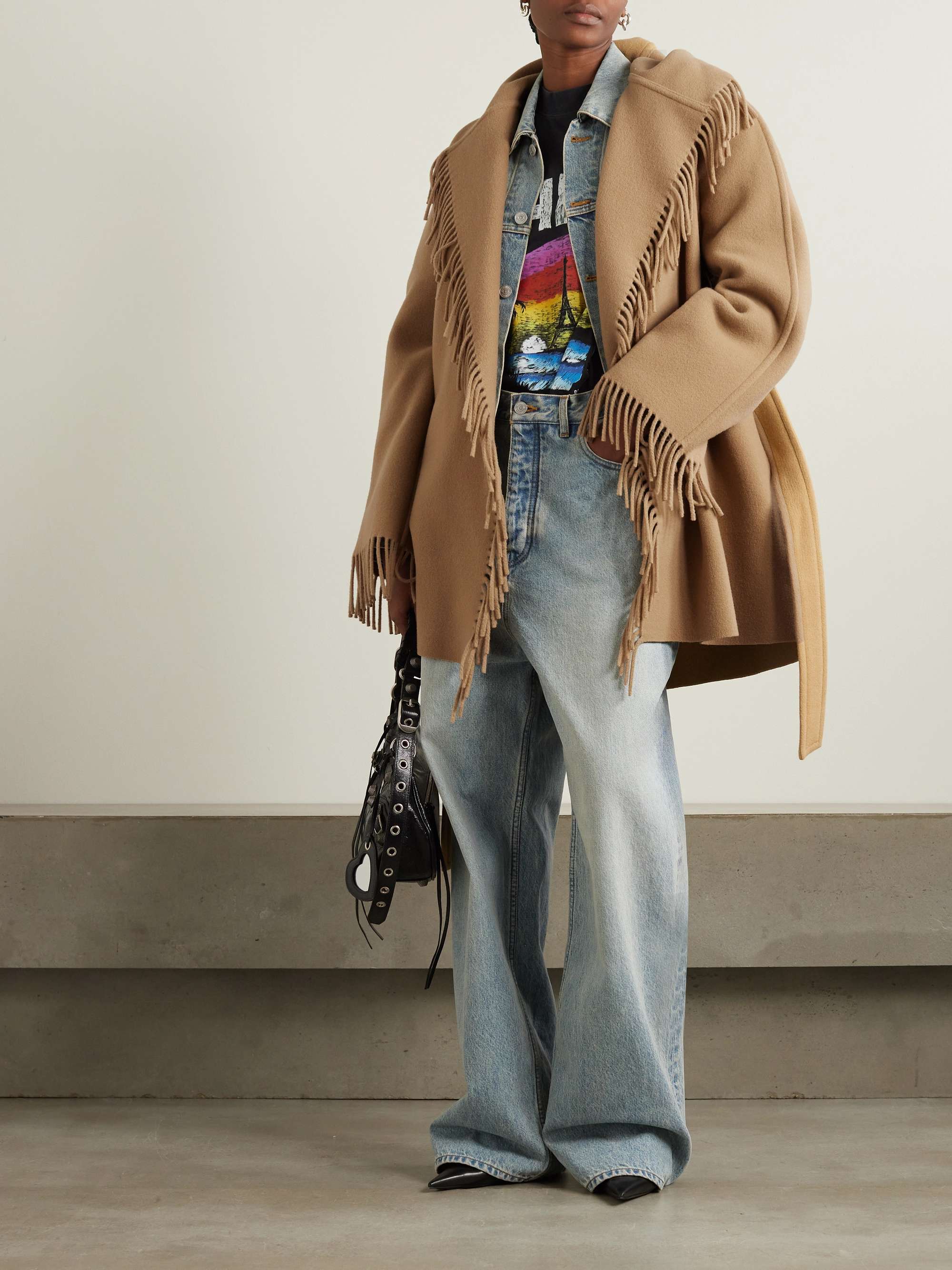 Belted fringed wool jacket view