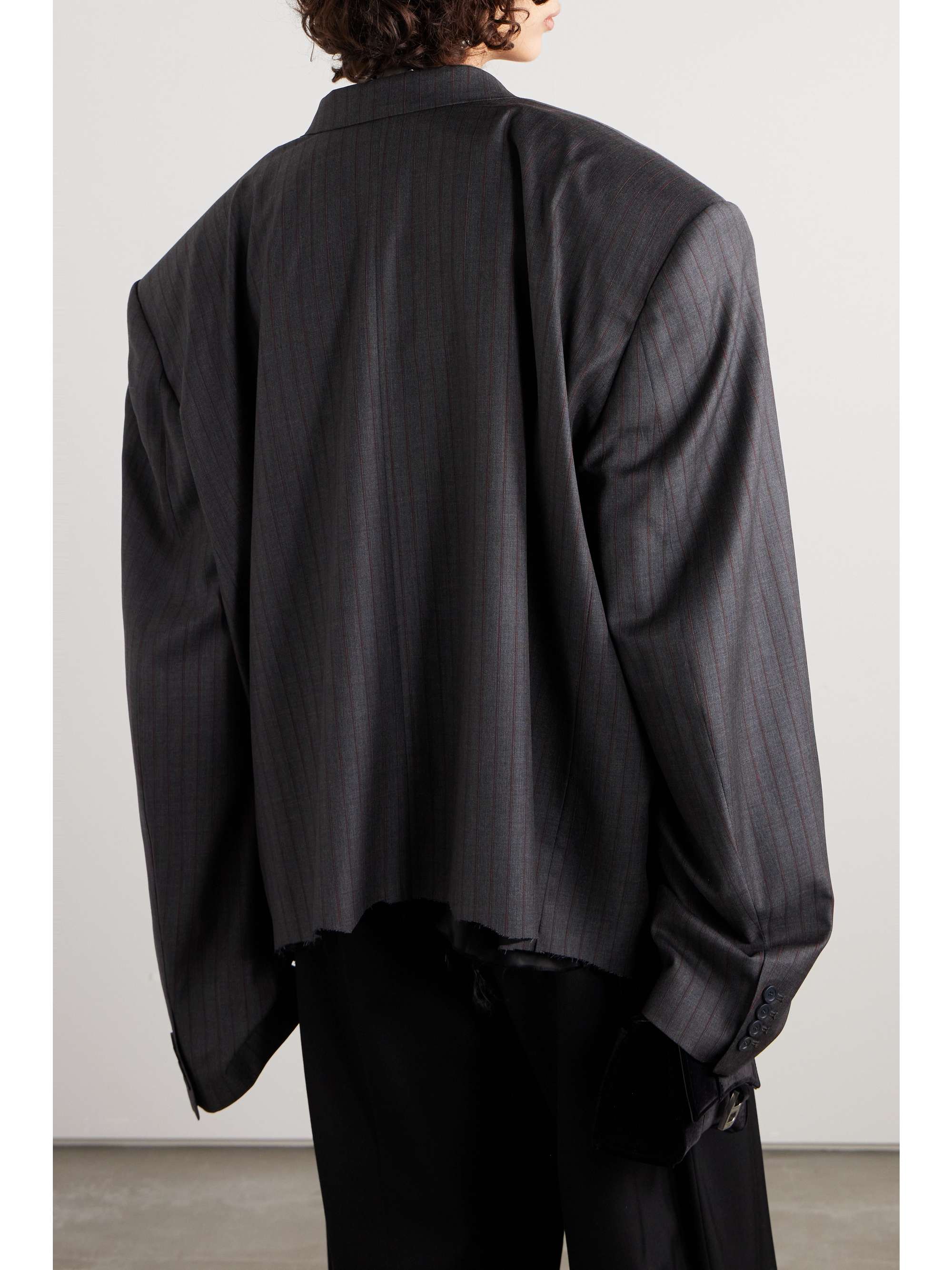 Oversized double-breasted distressed pinstriped wool blazer view