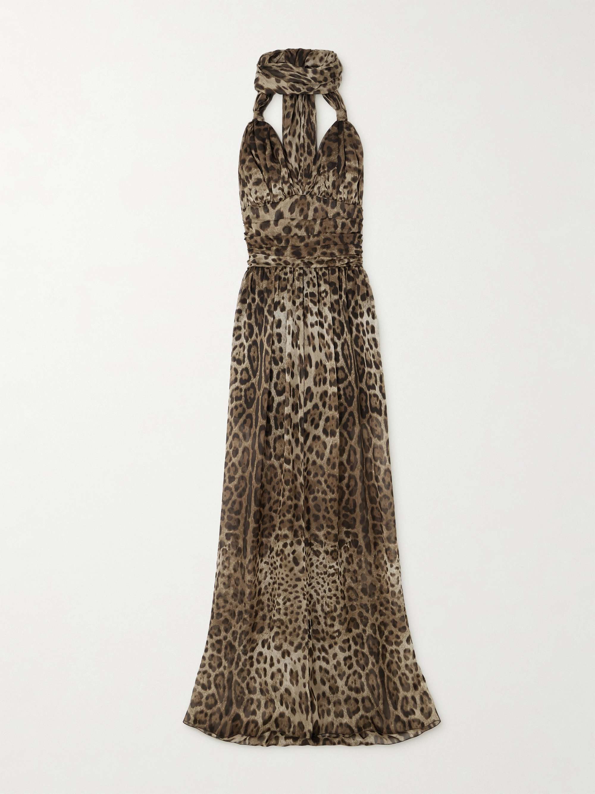 Scarf-detailed smocked leopard-print silk-chiffon gown view