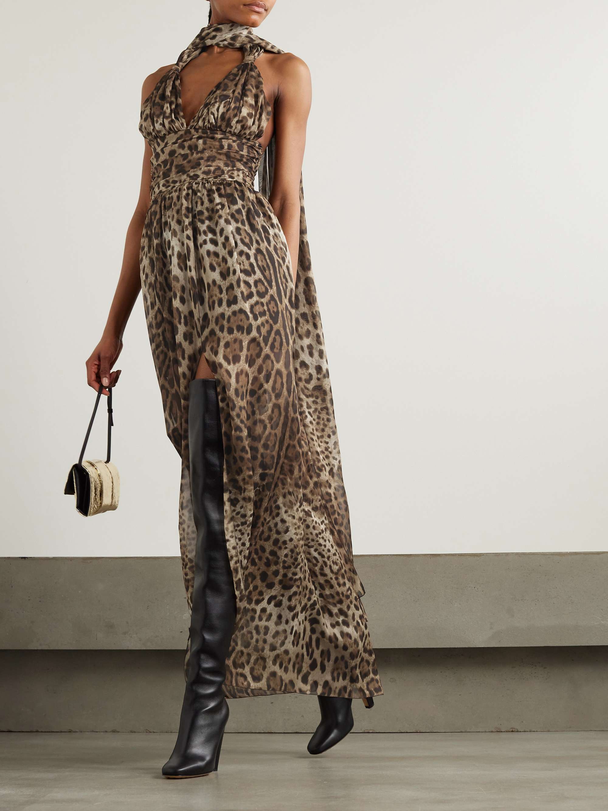 Scarf-detailed smocked leopard-print silk-chiffon gown view